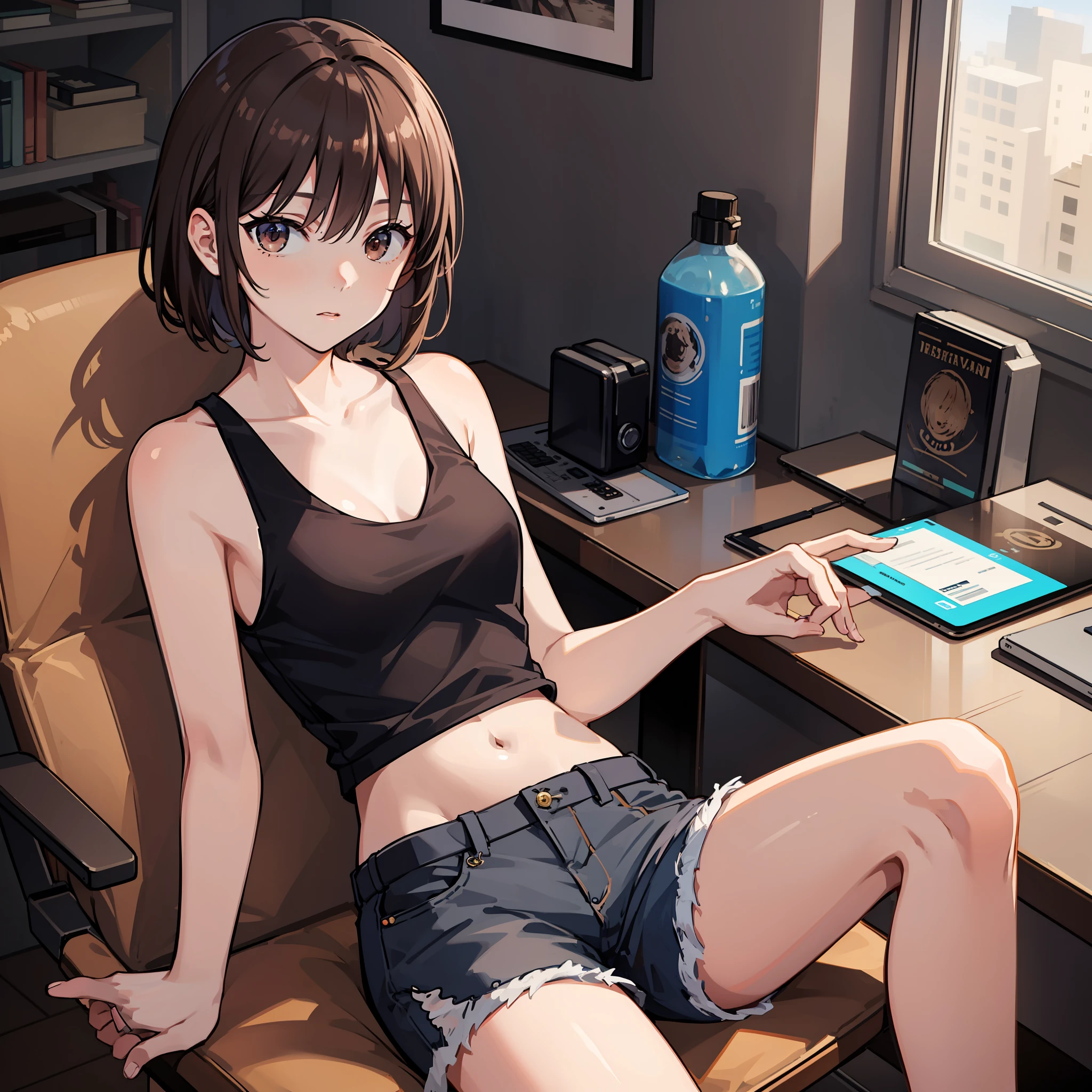 Day wind,A girl,age 22,brown hair,bob-cut hair,with brown eye,white tank tops,Black shorts,Medium-sized chest,inside bedroom,Sit in a chair next to your desk,Reclining on the back of your chair,Best quality at best,Spontaneous