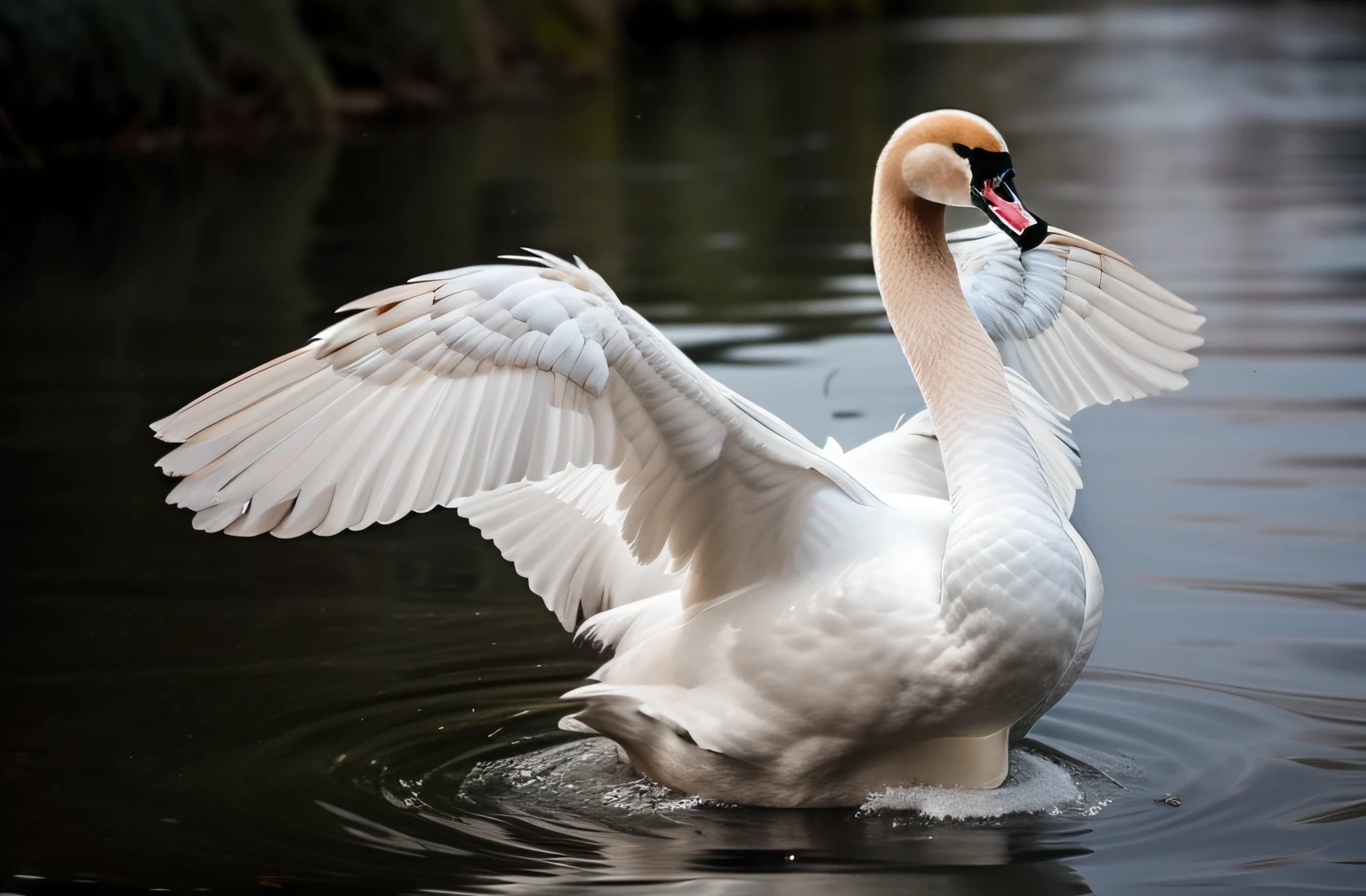 there is a swan that is standing in the water with its wings spread, Asas de um cisne, bonito e gracioso, peaceful and graceful, cisne, asas requintadas e bonitas, abrindo as asas, com asas grandes, asas estendidas, lindas asas abertas, Estilo envergadura, asas abertas, elegante e gracioso, Asas majestosas, branco detalhado, asas que se estendem, Cisnes