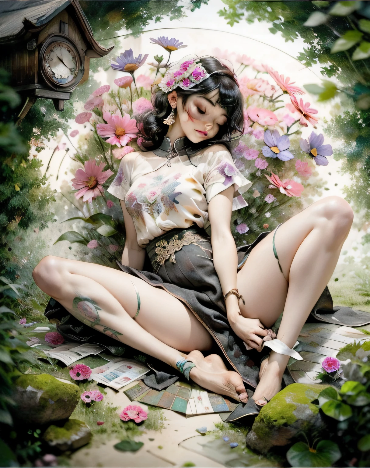 1sexy girl with forest clothes, flowers, leaves, mandalas, fractal,, Sleeping Beauty, by Bella🦋 full body, beautiful girl sleeping, room with mirror, girl sleeping on bed and sheets, old clock and lamp on table, full body, black hair, Transparent clothing,open legs, view of pubic hair, 1 sexy girl in transparent forest clothes,exposed breasts, open transparent t-shirt,mandala and flower tattoos, La mejor calidad, Obra maestra, llustration, muy delicado y hermoso, muy detallado, CG, Unidad, Fondo de pantalla de 8k, ridiculous, huge filesize, lente muy ancha, Luz suave,Sleeping Beauty, by Bella🦋 full body, beautiful girl sleeping, full body, black hair, Transparent clothing, slight smile,, open legs, view of pubic hair, 1 sexy girl in transparent forest clothes,exposed breasts, open transparent t-shirt,mandala and flower tattoos, La mejor calidad,