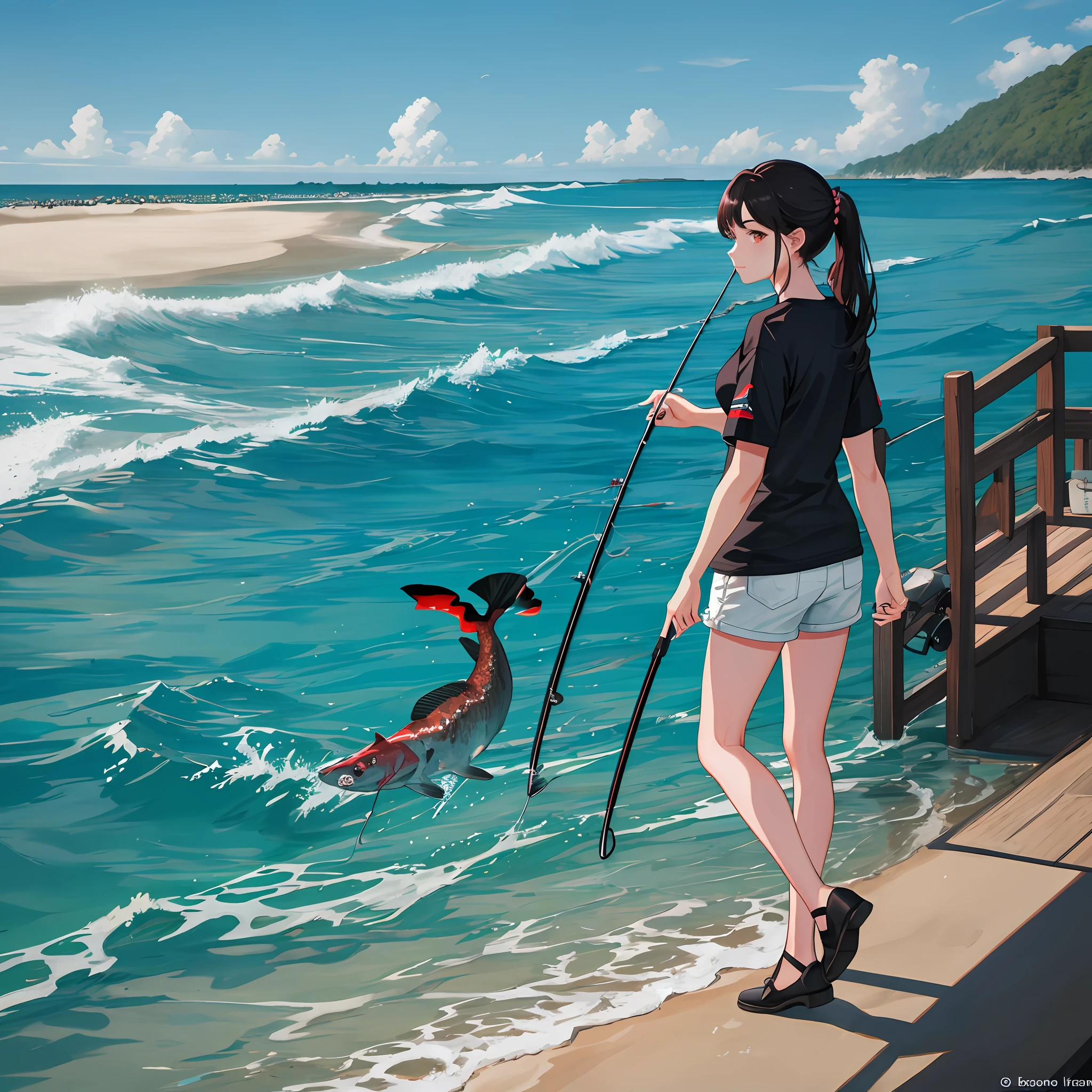 Lua,grouper,fishing pole,beachside,Cute girl,Chao yang,High-quality image quality,white short sleeve,reef