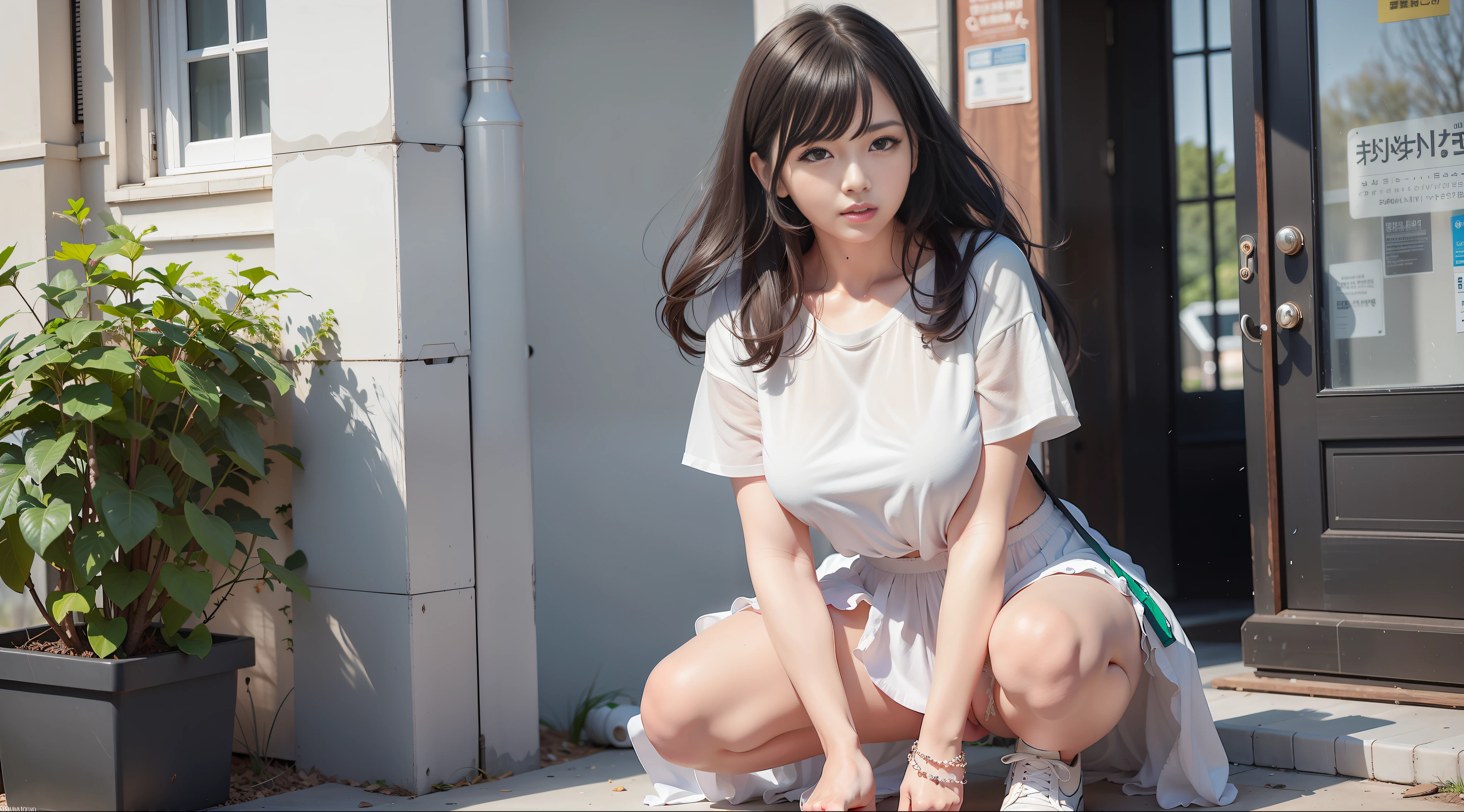 there is a woman kneeling on the ground with a bag, realistic anime 3 d style, the anime girl is crouching, anime girl in real life, artwork in the style of guweiz, realistic anime art style, guweiz, realistic anime artstyle, anime styled 3d, trending at cgstation, anime realism style, realistic young anime girl