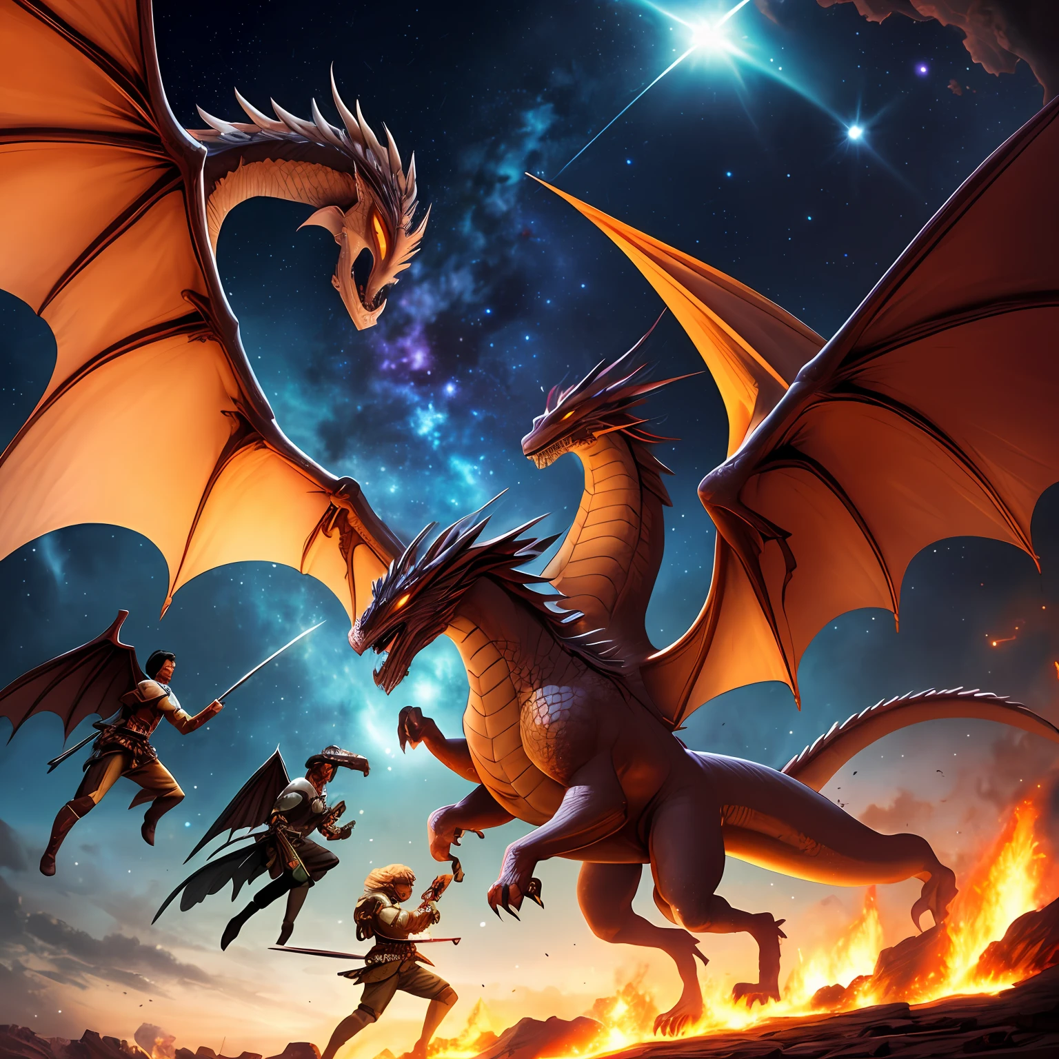 Close-up of El Arcangel  Miguel and the angels and Dragons. legiones de angeles divinos, en contra del mal. luchando contra el maligno dragon de 7 cabezas,Entonces hubo guerra en el cielo: The angel Michael and his angels fought against the dragon. And the dragon and his angels fought,pero no pudieron vencer, nor was there any place for them in heaven..... The battle is bloody, y legiones de angeles pelean con espadas de fuego y armaduras contra la legion de demonios, del ejercito del maligno.la batalla se desarrolla en una ciudad apocaliptica de la antiguedad, Cosmic background with nebulas, stars and galaxies antes de la humanidad.Cuerpos completos y close-ups, 8K, ultra definicion, perfectos cuerpos y natural textura de piel, Boris Vallejo style. --auto