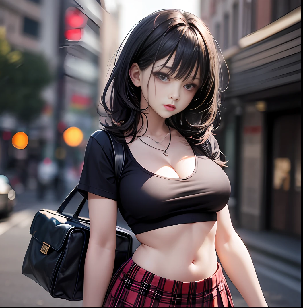 Goth girl student With schoolgirl outfit Wearing a plaid Mini skirt Short t-shirt showing her belly Short messy black hair Wearing dark makeup Light skin Slim body and With curves Defined, With hands on her waist Hyper realistic 8K photo Full body Scenery in front of a school Wearing a cleavage Medium and perfect breasts, real truth, photo real, --auto --s2