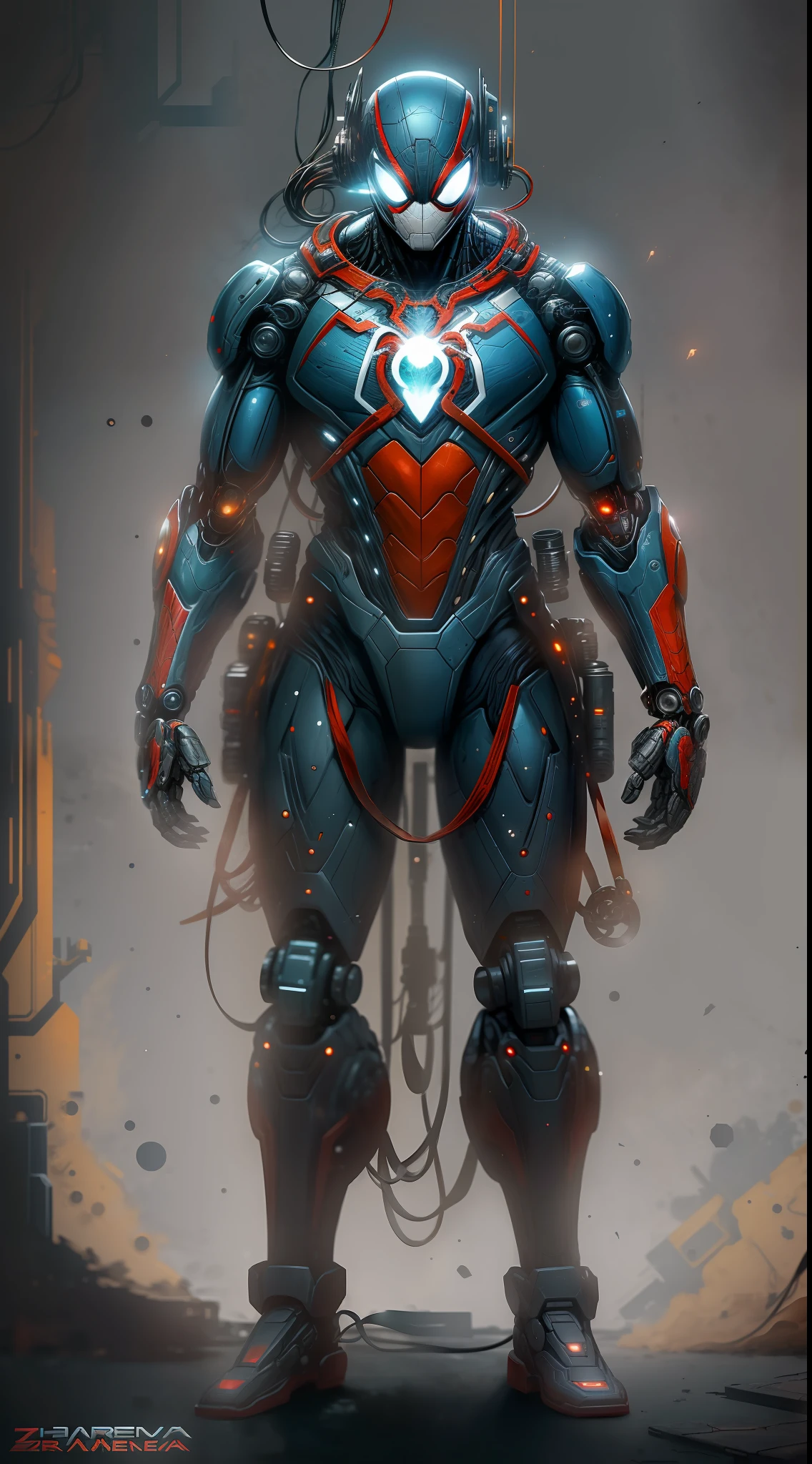 Dois Homem-Aranha de Ouro e outro de prata da fotografia da Marvel, Biomechanicals, complex robot, crescimento completo, hiper-realista, pequenos detalhes insanos, linhas extremamente limpas, aesthetic cyberpunk, obra-prima apresentada no Zbrush Central
