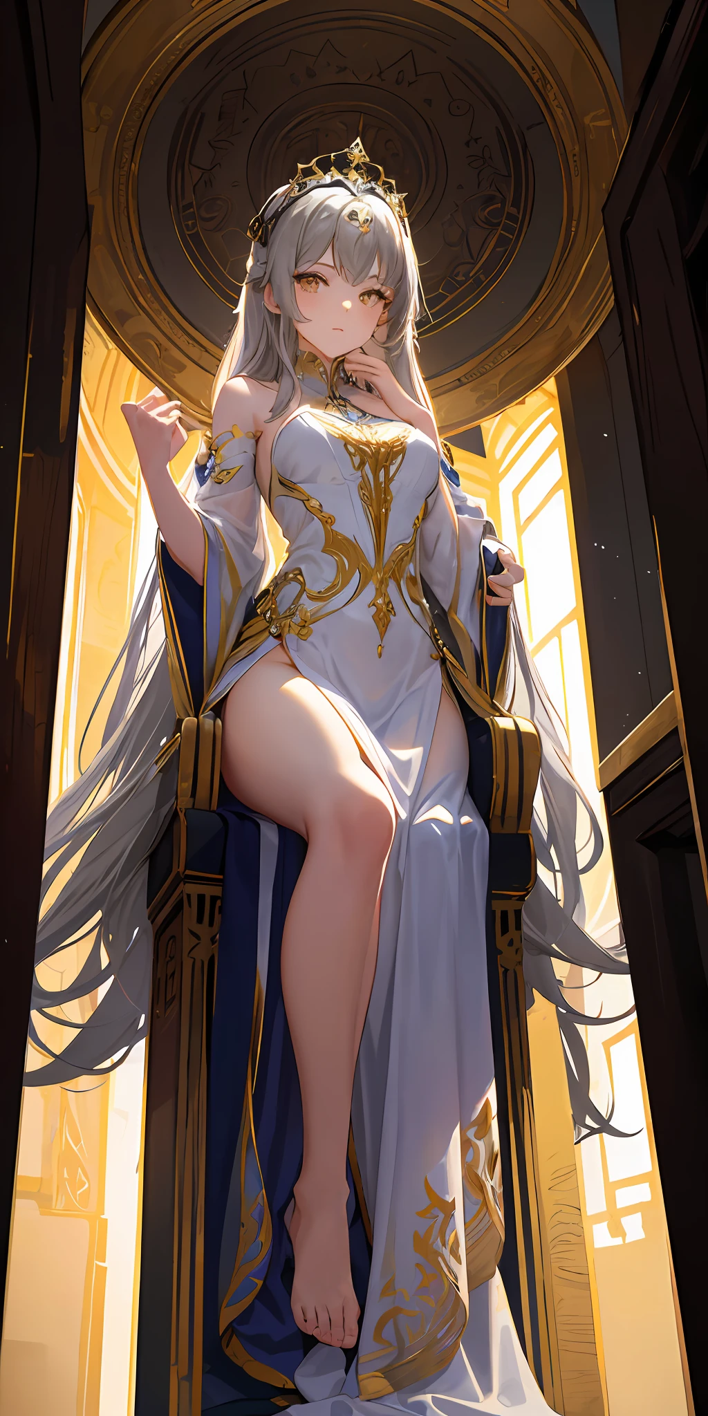 (Masterpiece:1.2), best quality, (illustration:1.2), (ultra-detailed), hyper details, (delicate detailed), (intricate details), (cinematic light, best quality Backlights), clear line, from below, solo female,perfect bodies,(1girl),Gray hair and yellow eyes,(the emperor,Black see-through garment),(tiara crown:1.1),sitting on an royal throne,Close your eyes slightly,head bowed,head bowed,(shylily:1.2 ), ((makeup)), High contrast, (best illumination, an extremely create and beautiful), ((cinematic light)), Bright colors,Bigchest,Naked,Astringent,blacksilk,Transparent swimsuit