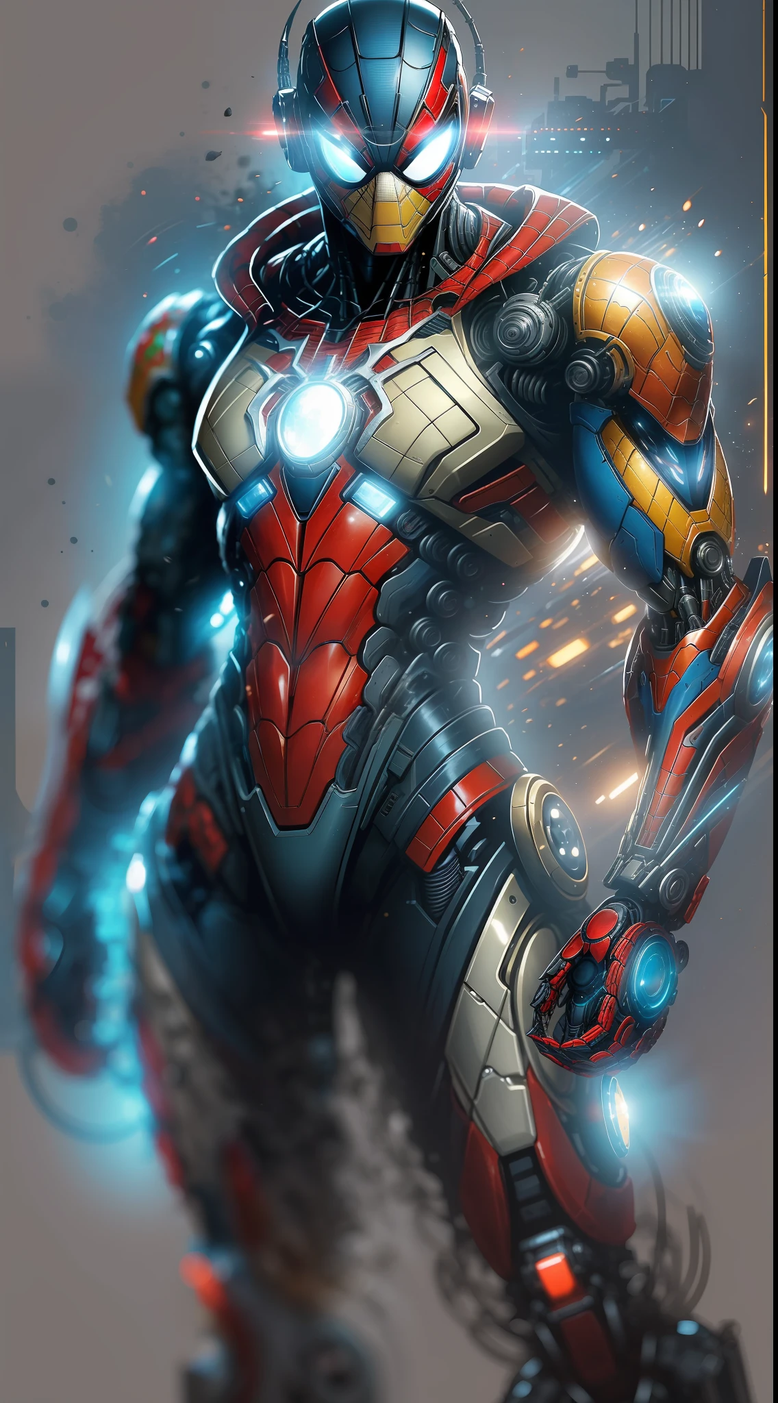 Dois Homem-Aranha de Ouro e outro de prata da fotografia da Marvel, Biomechanicals, complex robot, crescimento completo, hiper-realista, pequenos detalhes insanos, linhas extremamente limpas, aesthetic cyberpunk, obra-prima apresentada no Zbrush Central