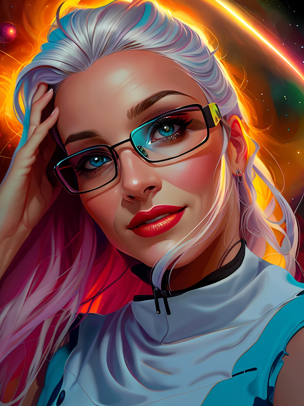 uma mulher, conforme a foto, cabelos roxos e azuis longos, olhos castanhos cor de mel, olha para frente, sorriso no rosto, semblante feliz, sensual, wears glasses, Colorful cosmic space background in circular motion. Standard human body, duas pernas, two arms, perfect hands, High Definition Face, face humana perfeita, digital illustation, oil-painting, alta qualidade, dynamic  lighting, etherial lighting, Ultra Detalhe, elegante, obra-prima