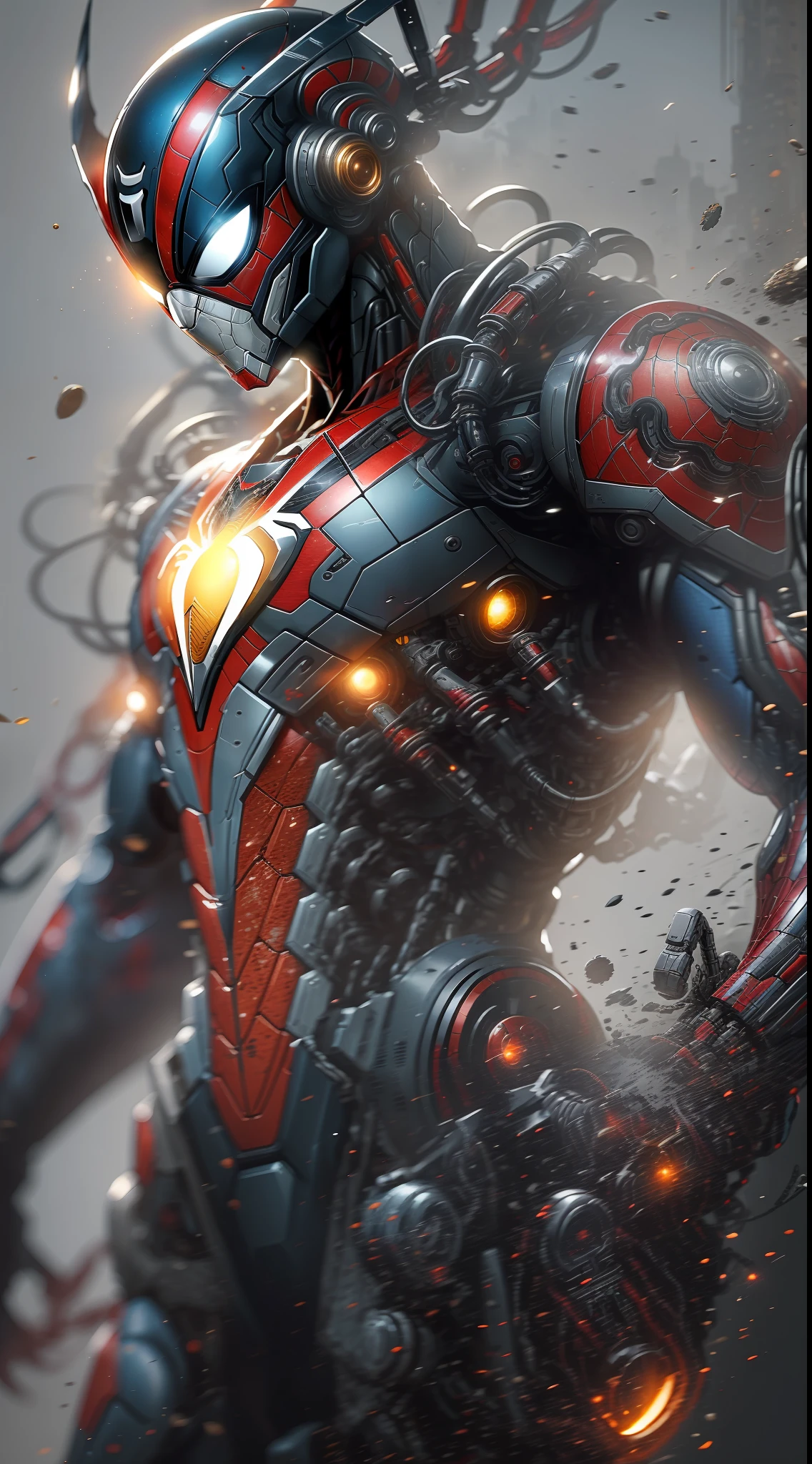 Dois Homem-Aranha de Ouro e outro de prata da fotografia da Marvel, Biomechanicals, complex robot, crescimento completo, hiper-realista, pequenos detalhes insanos, linhas extremamente limpas, aesthetic cyberpunk, obra-prima apresentada no Zbrush Central