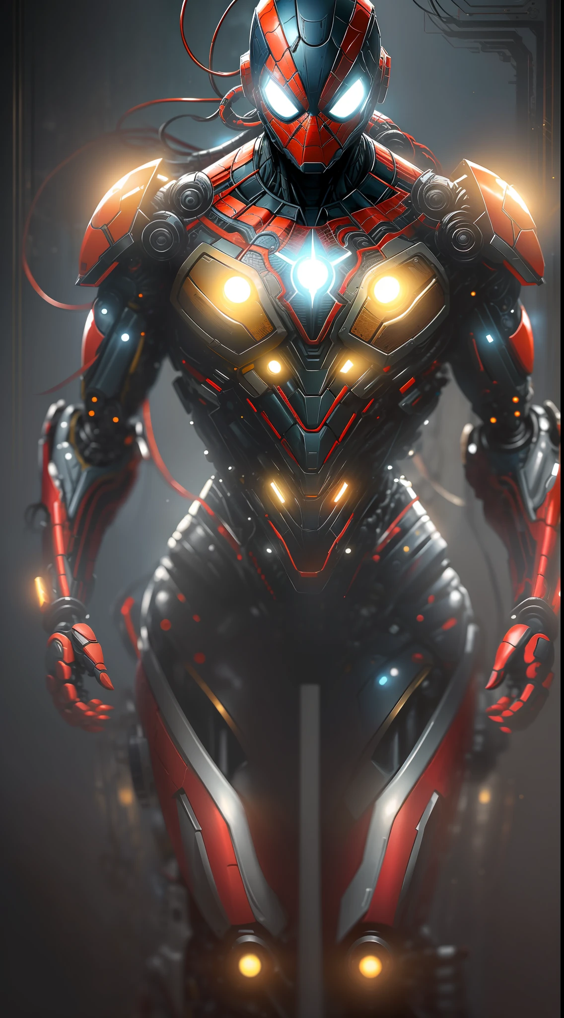 Dois Homem-Aranha de Ouro e outro de prata da fotografia da Marvel, Biomechanicals, complex robot, crescimento completo, hiper-realista, pequenos detalhes insanos, linhas extremamente limpas, aesthetic cyberpunk, obra-prima apresentada no Zbrush Central