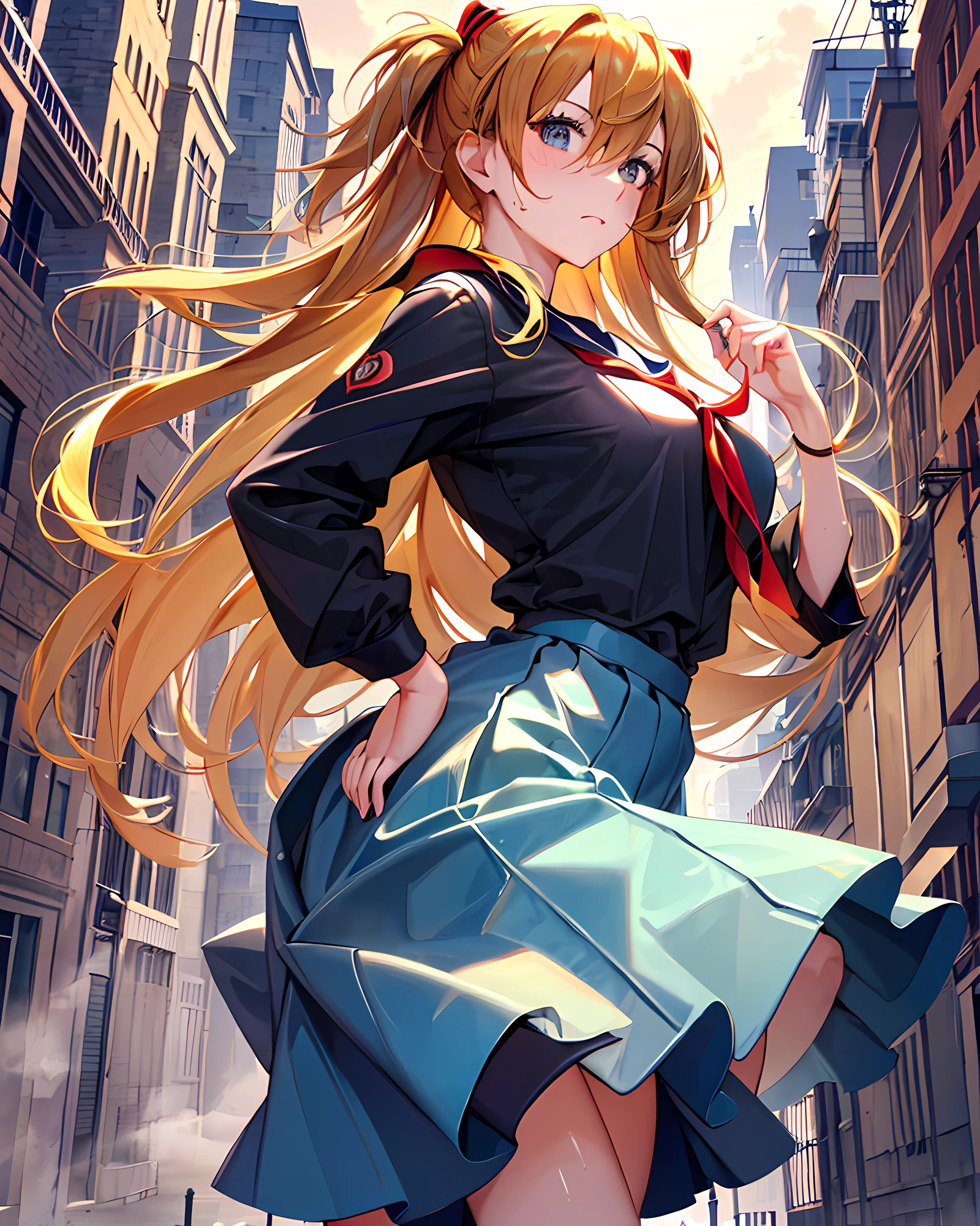 Asuka, Masterpiece, best quality, (absurdres)), ((highres)), (ultra-detailed:1.3), (look back:1.15), (thrust out one's hip:1.25), (1Asuka:1.3), character focus, BREAK, (wearing a sailor shirt and a dark-grern knee-length pleats long-skirt:1.3, black knee-high-over sox), BREAK, brown long hair, two-side-up hair, yellow hair ribbon, disproportionate-breasted:1.27, (cowboy shot:1.25), clean face, full-face blush, sweat, fog, steam, early morning street background, hands on breasts, detailed eyes, detailed arms, detailed hands, detailed figures, detailed body, sharp focus, centered image.