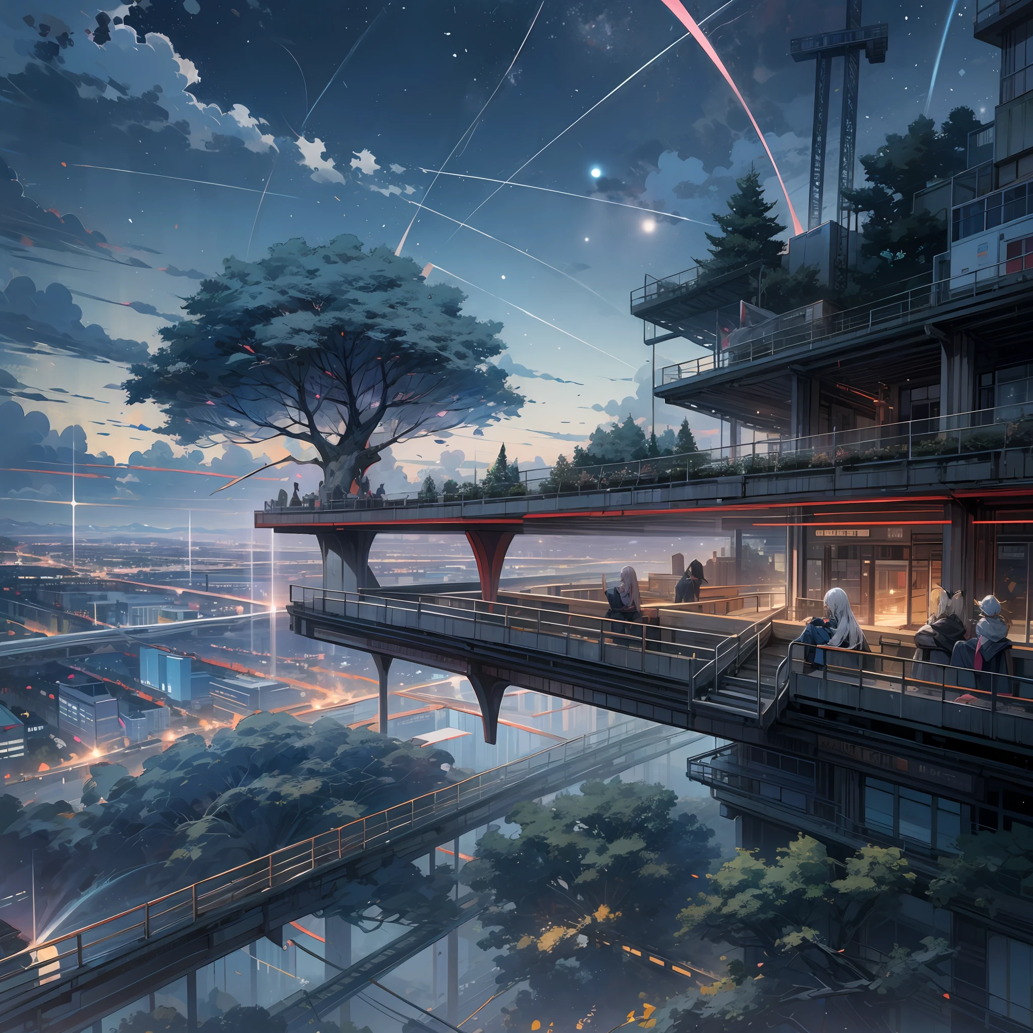 octans，Skysky，As estrelas（Skysky），scenecy，starrysky，the night，1girl，nigh sky，独奏，exteriors，buliding，​​clouds，galactic，sitted，The tree，Long hair，oras，siluette，A city scape  ，Zerotwo --auto --s2