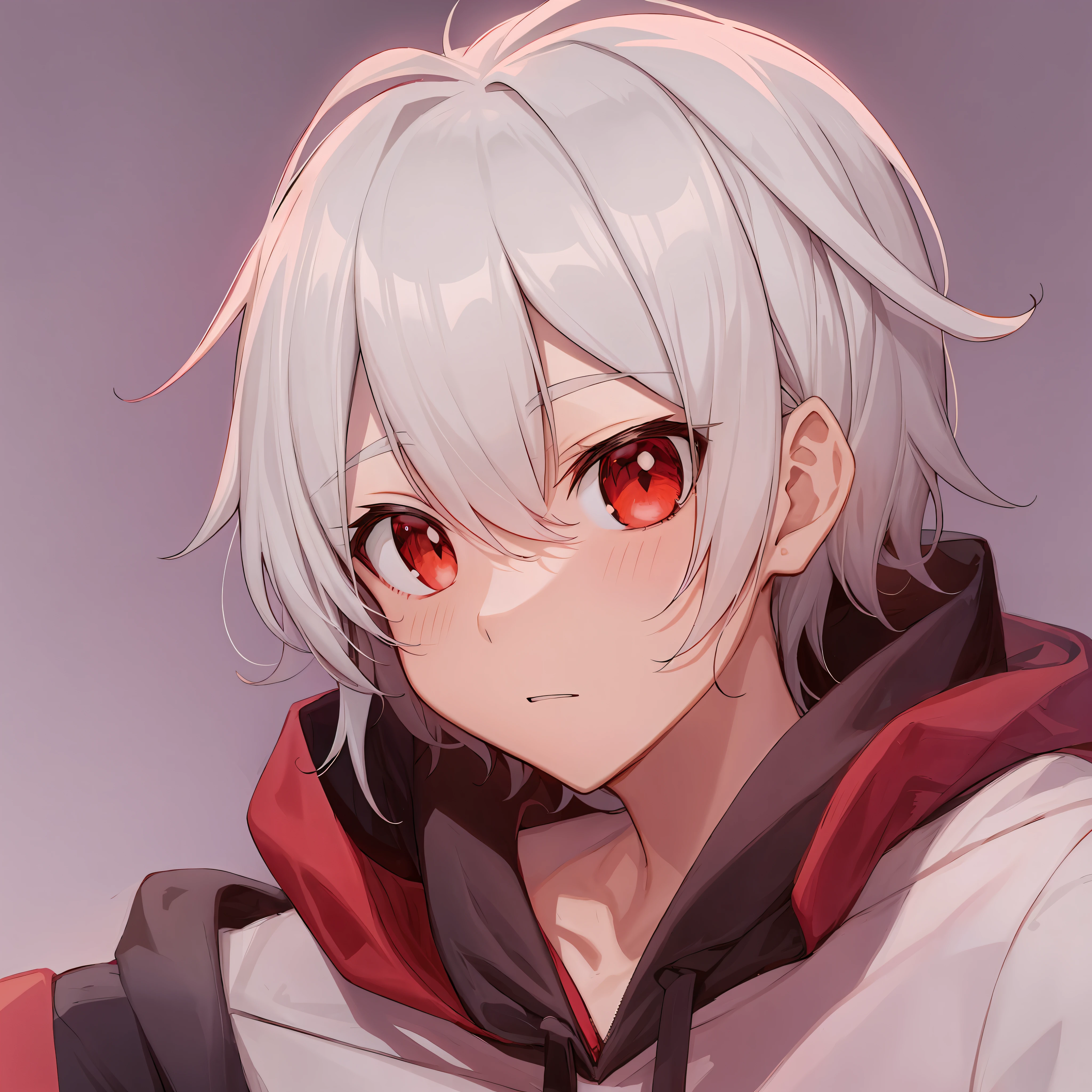 (Anime protagonist+carismatic+handsome+Cool+White hair, Red eyes glow, Hooded sweatshirt, Cold black background)