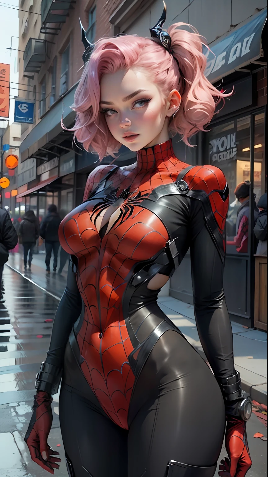 Beautiful woman detailed defined body using spider man cosplay,  large breasts, pink hair, twin tails, horns