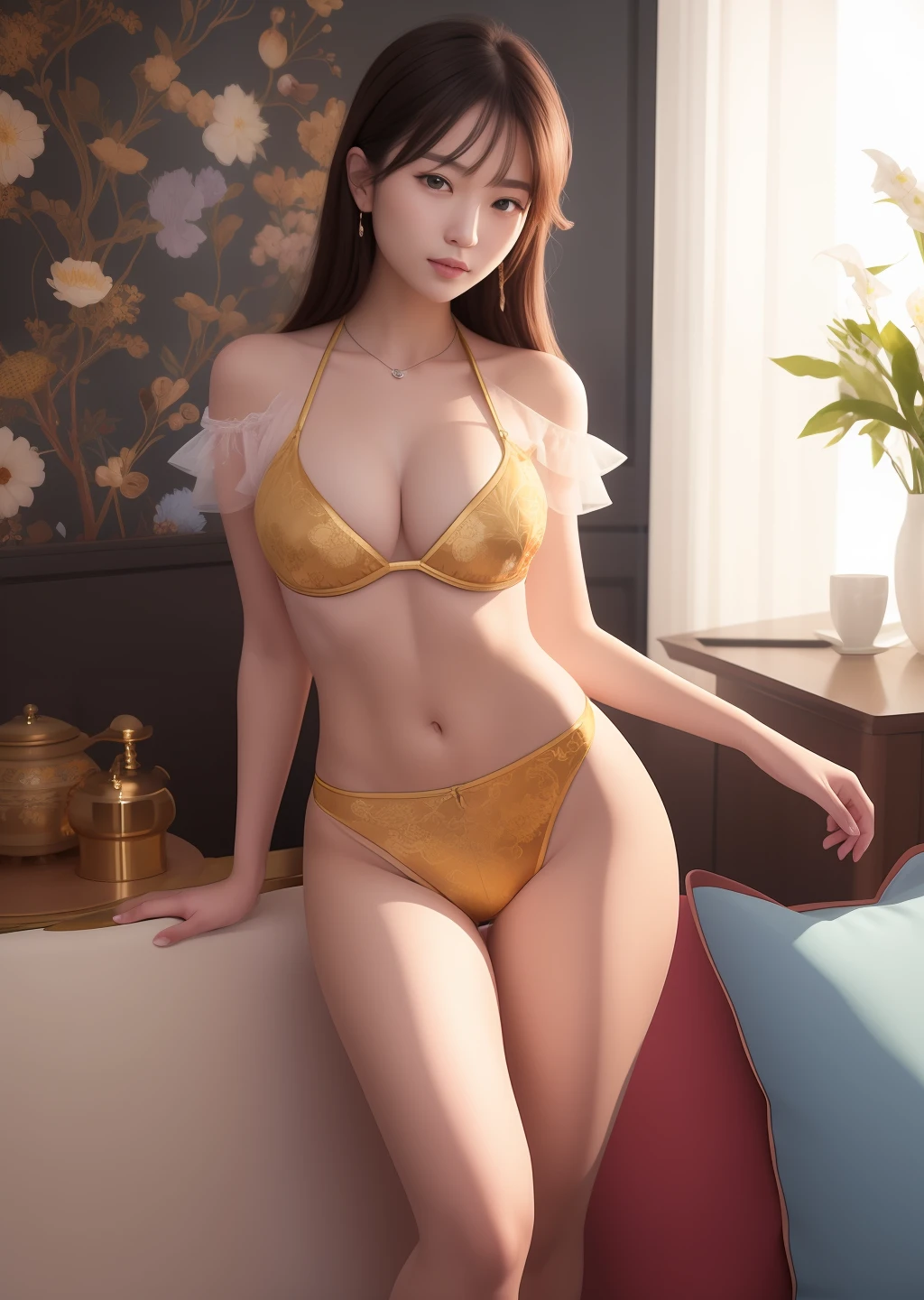 （hyper realisitc）， （illustratio）， （A high resolution）， （8K）， （非常详细）， （Most Best Illustration）， （beatiful detailed eyes）， （best qualtiy）， （ultra-detailliert）， （tmasterpiece）， （the wallpaper）， （Detailed face）， 独奏， （dynamicposes）， 1 rapariga， Princess cut on the sofa， Korea， Heterochromic eyes， Little moles under the eyes， （（Short apron））， mediuml breasts， long legged， Tighten abs， （camel-toe）， （pantyless）， （no-bra）