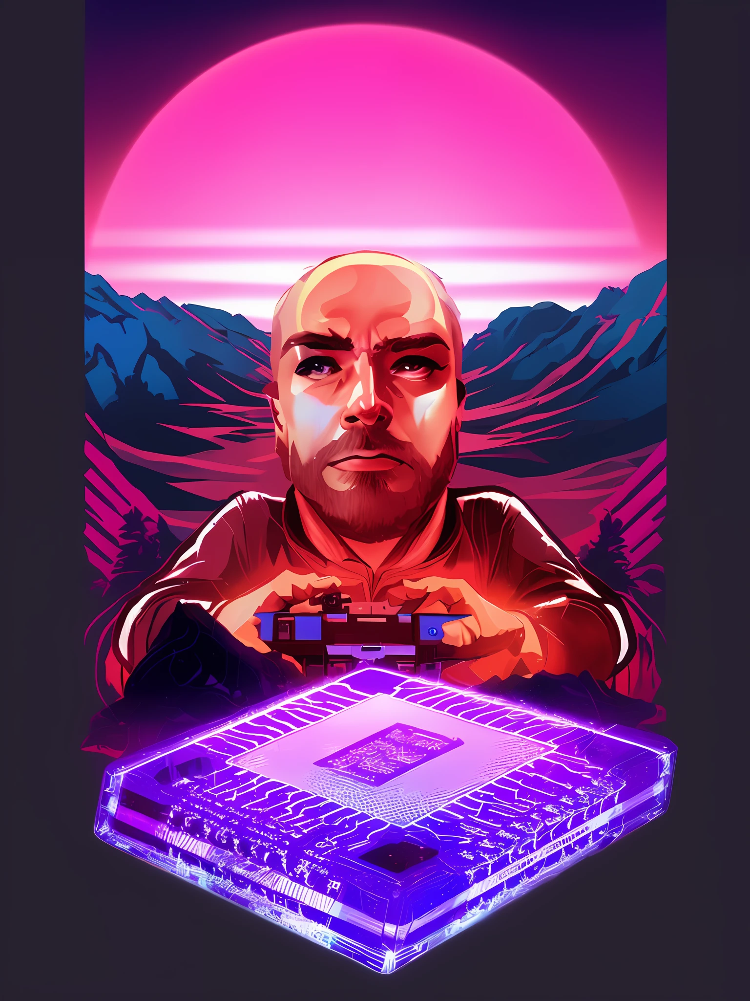 Close-up of a man holding a PlayStation gamepad, At the front there is a futuristic game console, outrun art style, masterpiece epic retrowave art, Style artistique synthwave, Art de la synthwave, 80s outrun, Style artistique synthwave ]!!, epic retrowave art, [ Style artistique synthwave ]!!, retrowave epic art, Style artistique synthwave plat