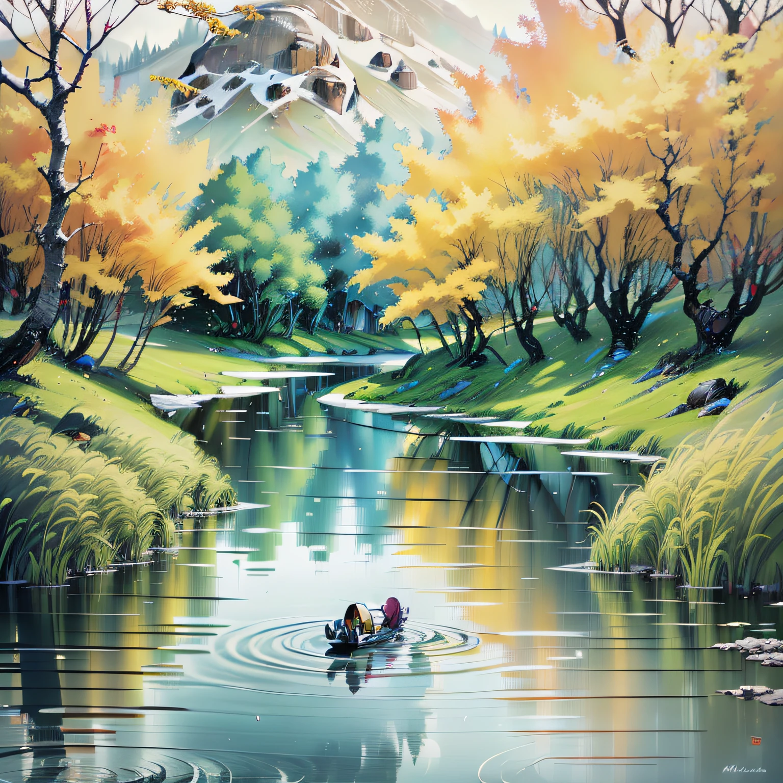 (extremamente detalhado CG unidade 8k papel de parede, melhor qualidade, ultra-detalhado), magical creatures, (lush tree foliage:moldura), high dynamic range,water reflection, (lago:1.2), atmosfera escura.