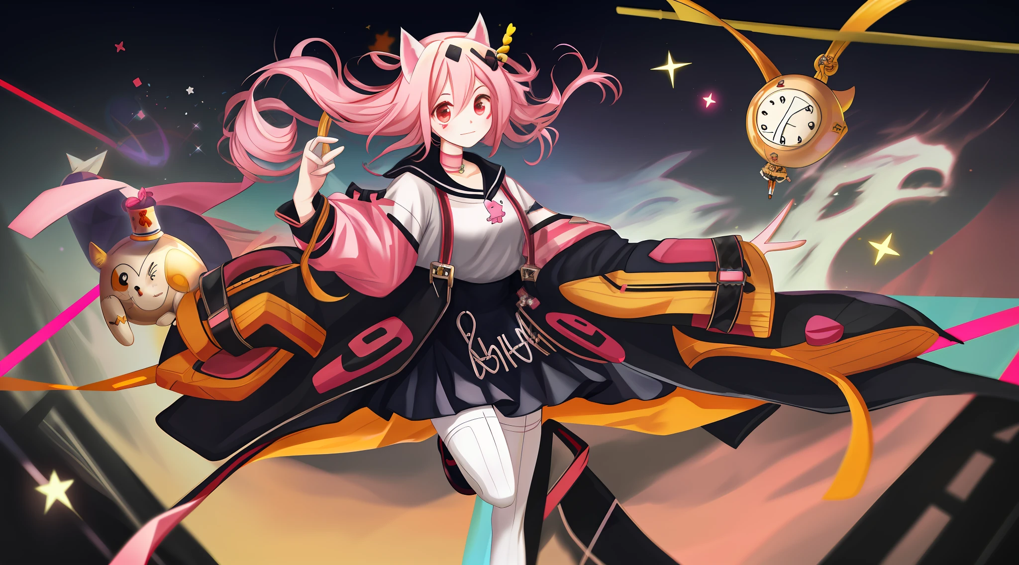 high qulity,The characters are meticulously detailed,slender leg,Be red in the face,shylily,White striped suspenders white stockings,Hanging cat ears,Pink canvas shoes
