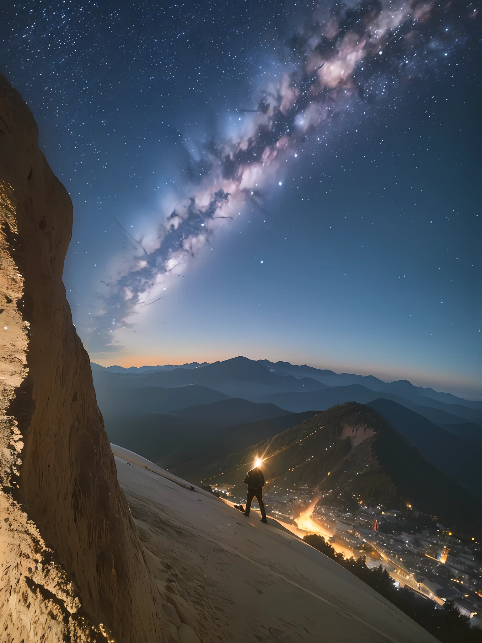 Faraway view,Man climbing the mountain,looking at the stars,photorealestic,the night