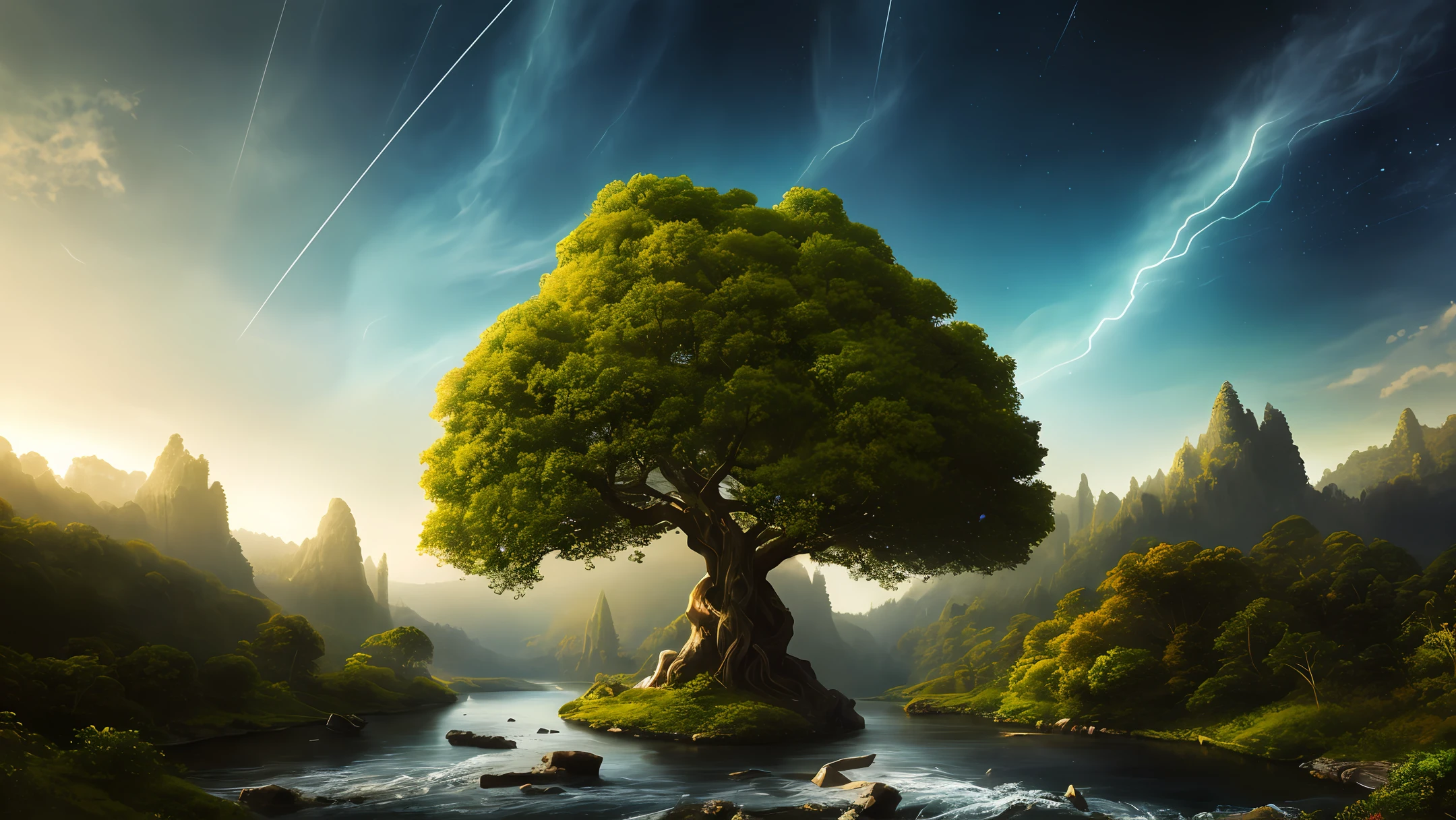 Illustration of a surreal, otherworldly, hyper sky scene including a giant crystal tree full body, highly detailed and magical lighting, intricate forest details, vegetation and surrounding river, solar punk, landscape, giant tree , beautiful green leaves, beautiful lighting and realistic proportions, as if this is a movie background, 8k, highest quality, masterpiece, clouds and stars in the sky.