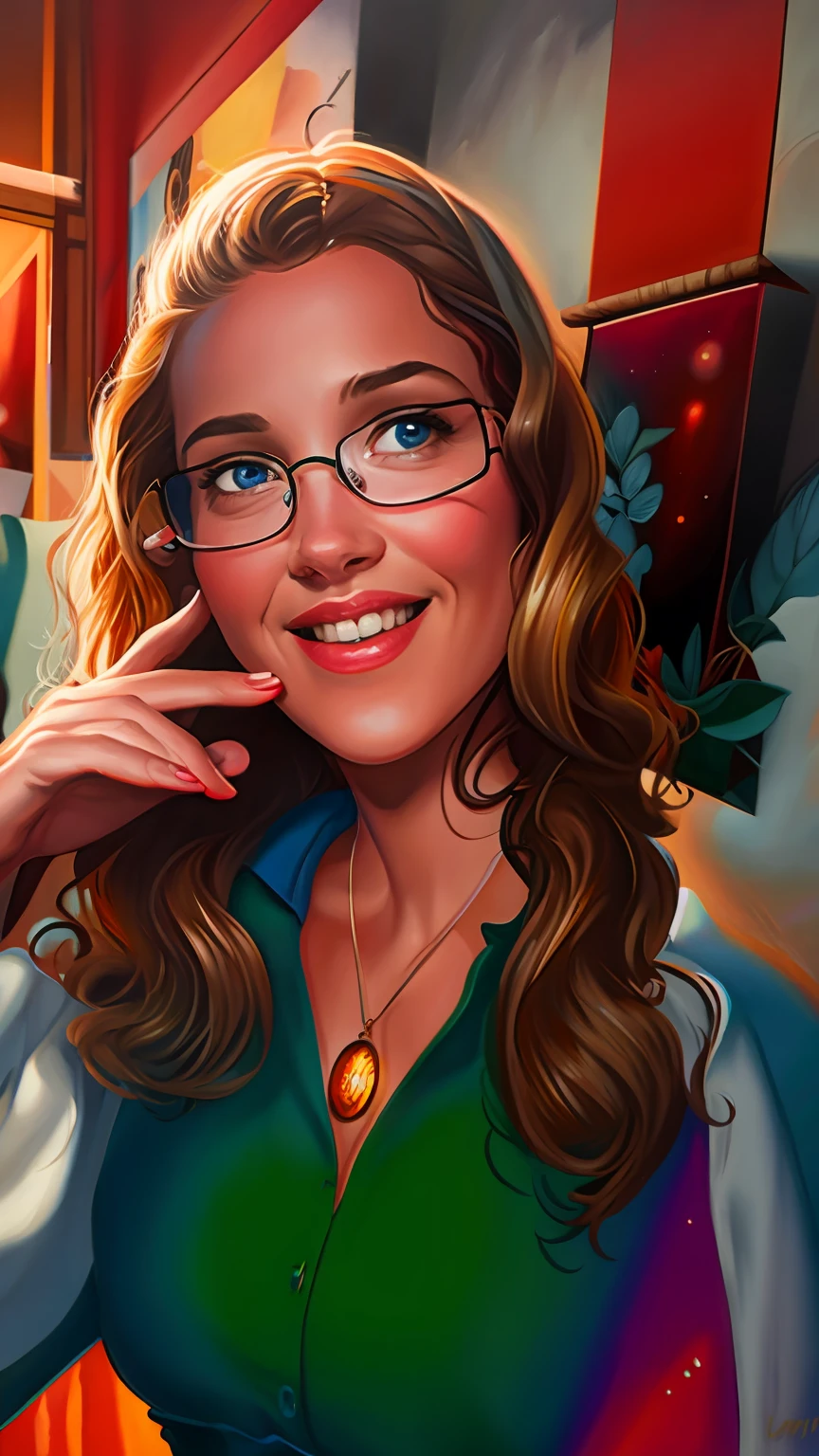 uma mulher, conforme a foto, cabelos roxos e azuis longos, olhos castanhos cor de mel, sorriso no rosto, wears glasses, Colorful cosmic space background in circular motion. Standard human body, duas pernas, two arms, perfect hands, High Definition Face, face humana perfeita, digital illustation, oil-painting, alta qualidade, dynamic  lighting, etherial lighting, Ultra Detalhe, elegante, obra-prima