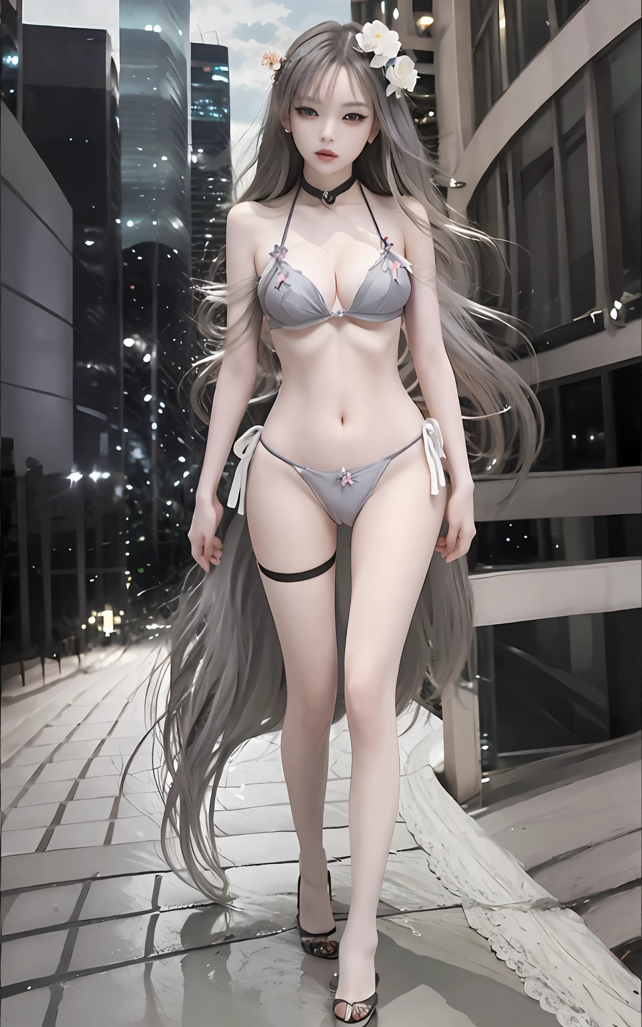 masterpiece, best quality,fuyusaka iori 1, 1girl, solo, (venus bikini:1.2),hair flower, hair ornament, flower, long hair , full body, grey hair, white flower, grey eyes,looking at viewer, highly detailed city background,(ulzzang-6500:0.8), blush,