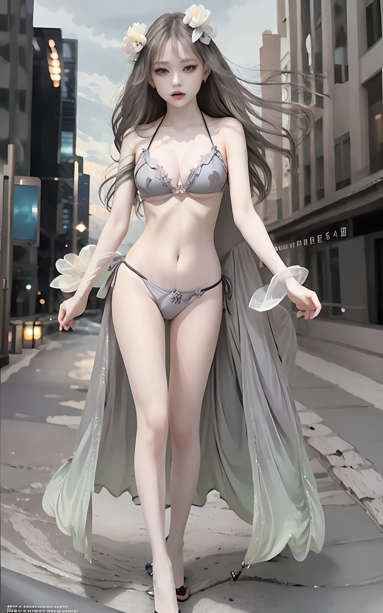 masterpiece, best quality,fuyusaka iori 1, 1girl, solo, (venus bikini:1.2),hair flower, hair ornament, flower, long hair , full body, grey hair, white flower, grey eyes,looking at viewer, highly detailed city background,(ulzzang-6500:0.8), blush,