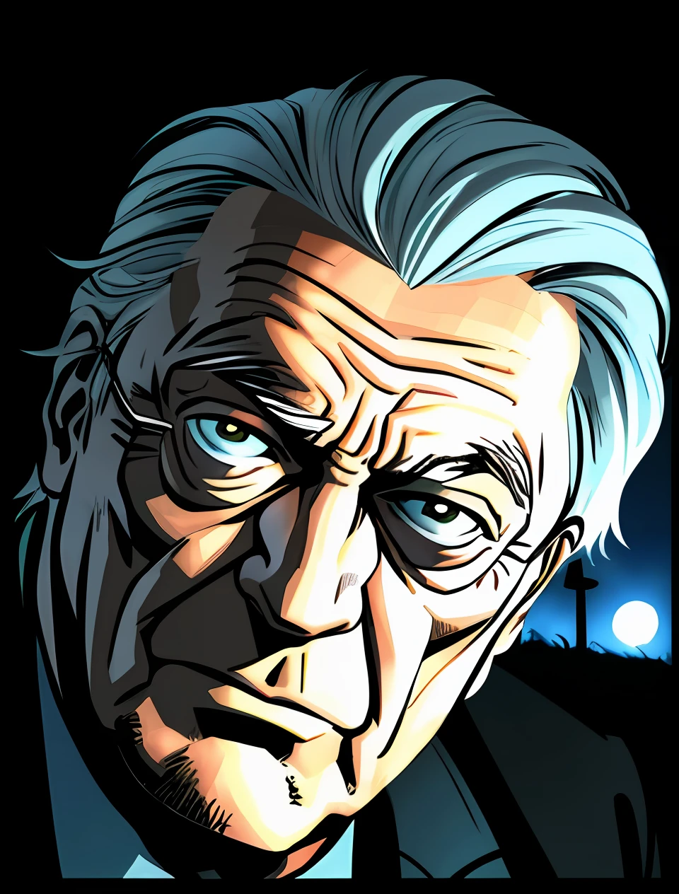 scariest old man in a black jacket and tie standing in a field, homem debochado, um homem muito preocupado, Michael Caine, cena intensa, filme de alta qualidade ainda, ao ar livre a noite em uma fazenda, fazenda Noturna, particles, Chuva leve, Foco masculino, (cabo de fluxo longo), noite, Chuva, fundo detalhado, (arte de Frank Miller), obra-prima, (realista:1.3), perfect illumination, sombreamento perfeito, (textura realista do tecido), hiper-realista, (fotorrealista:1.5), (Foco no homem), line art, (comic styled)