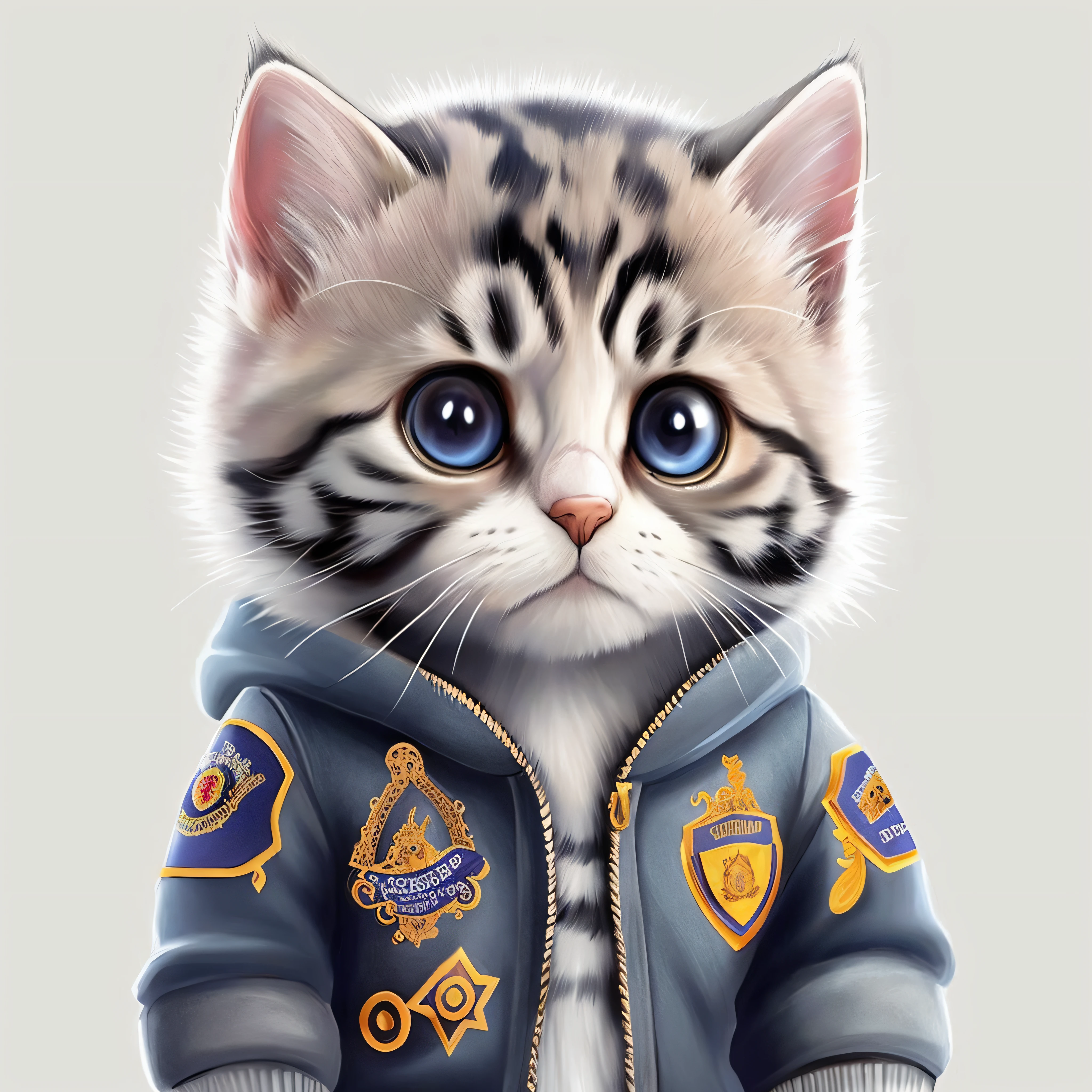 there is a cat that is wearing a jacket and a police badge, painting digital adorable, arte digital detalhada bonito, arte detalhada bonito, arte digital bonito, ultra realistic illustration, ultrarealistic illustration, anthropomorphic cat, realistic illustration, photorealistic illustration, arte fofa, gato detalhado, hyperrealistic illustration, stunning digital illustration, gatinho ciborgue, design de personagem altamente detalhado
