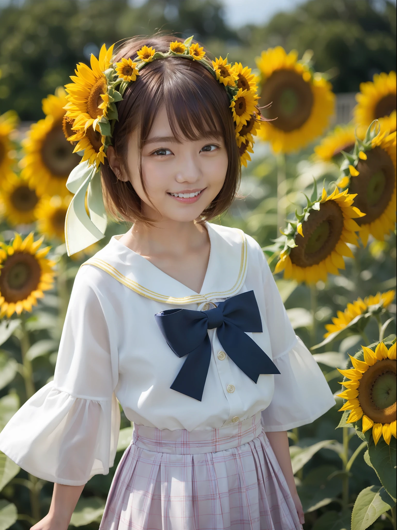 (masterpiece、highest quality:1.2), cowboy shot, 独奏, 1girl in, honma himawari, a smile, see the beholder, Ahoge, Sunflower hair ornament, a sailor suit、 plaid skirts, sunflowers fields、Live Action、realisitic、a smile