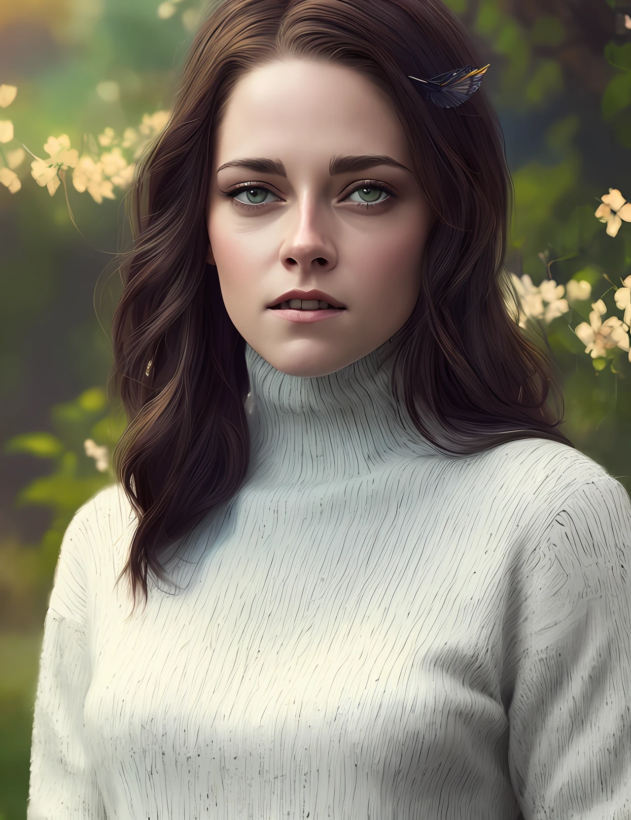 photo of extremely sexy (kr1st3nst:0.99), Kristen Stewart, a woman as a sexy movie star, (((closeup portrait:1.2))), modelshoot style, (extremely detailed CG unity 8k wallpaper), photo of the most beautiful artwork in the world, professional majestic oil painting by Ed Blinkey, Atey Ghailan, Studio Ghibli, by Jeremy Mann, Greg Manchess, Antonio Moro, trending on ArtStation, trending on CGSociety, Intricate, High Detail, Sharp focus, dramatic, photorealistic painting art by midjourney and greg rutkowski, (tight long turtleneck dress:1.2), ((in a lush garden)), (high fantasy), (looking at viewer:1.2), (detailed pupils:1.3), (magic sparks:1.1), (fireflies:1.1)
