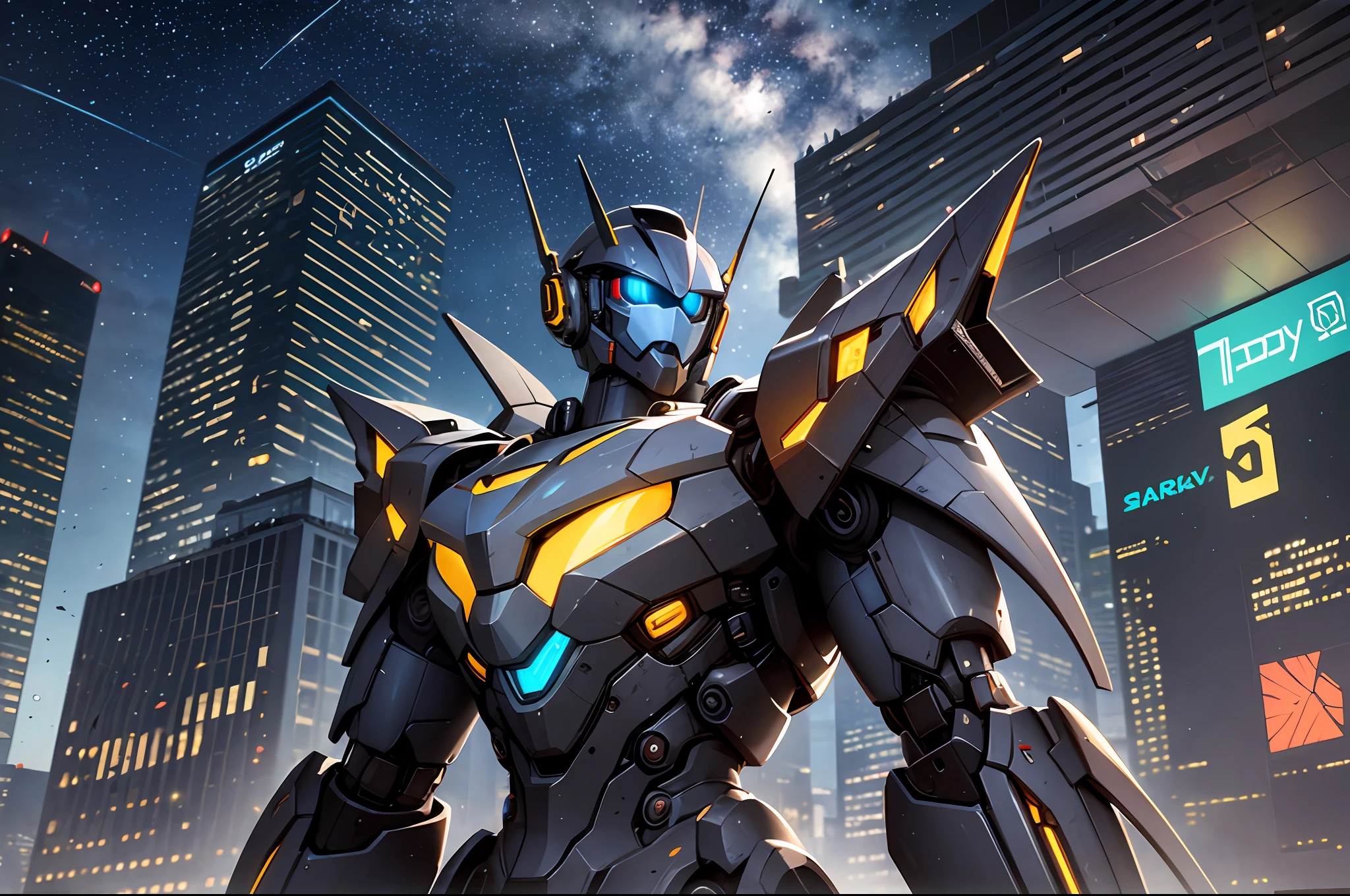 A handsome mech radiates light and is transforming into a cyberpunk-style starry sky