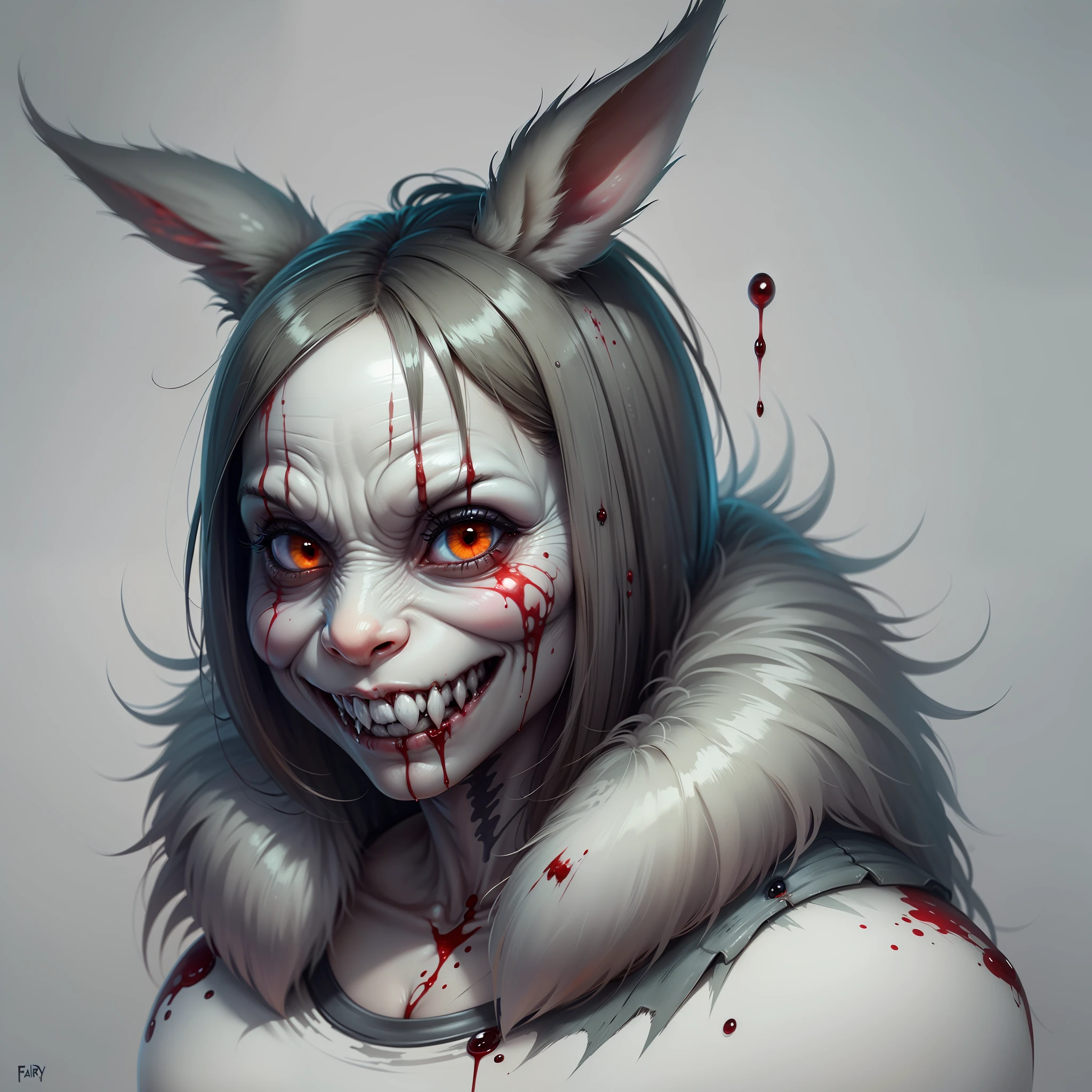 horror movie rabbit, pointy teeth and bloodstains on the fur, scary face full of hate