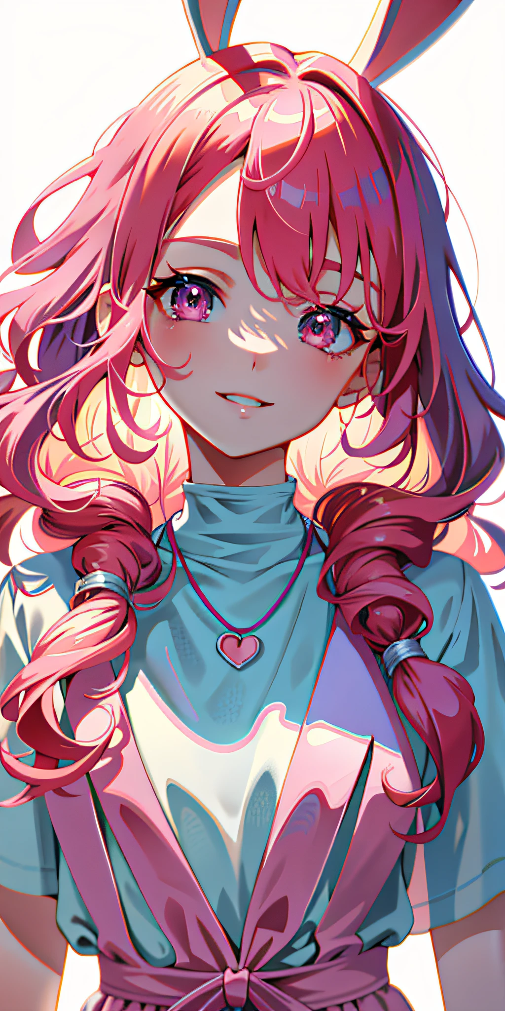 blue_eyes, solo, upper_body, animal_ears, choker, bangs, jewelry, heterochromia, collar, looking_at_viewer, flower, lips, heart, cat_ears, hair_ornament, blunt_bangs, hair_flower, red_eyes, shirt, long_sleeves, jacket, pink_lips,purple_hair, smile, ring, short_hair, white_hair, fingernails, chain, head_tilt, bandaid, pearl_necklace, piercing, makeup, white_shirt, black_choker, pink_flower, lilac background, ((masterpiece)), (best quality), (ultra-detailed), ((an extremely delicate and beautiful)), 1girl, (beautiful detailed blue eyes), cat head, with tail, fluffy, cute eyes, blue pupil, detailed face, messy floating hair, disheveled hair, perfect hands,(wearing pink hat), complicated background, (illustration), (dynamic angle), (focus),(wearing a pink rain coat:1.5),(red Hair), messy hair,