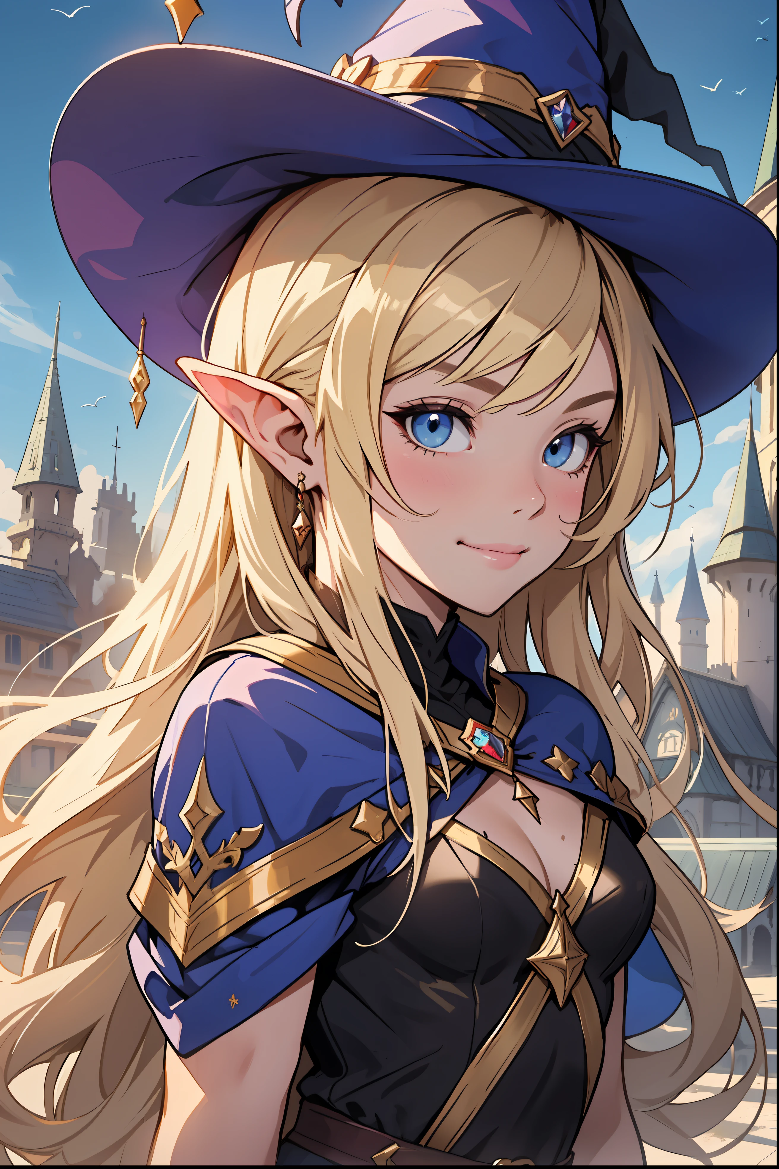The perfect masterpiece,Highest quality,Perfect artwork,8K,Upper Body Lens,front portrait,Delicate face,Face Close-up,Watching the audience, Wizard apprentice girl,(pointy royal blue witch hat:1.3),(white star print on hat:0.8),Magical transparent eyes,(dirty blonde hair:1.2),(young:1.4),(small breasts:1.4),flat chest,large eyes,happy,warm smile,slender,slim build,thin waist,(💖:1.3),Digital Art,plane illustrations,colorful illustration,minimalist style,anime cartoon style,fantasy city background,elf ears,fantasy academic conservative clothing,