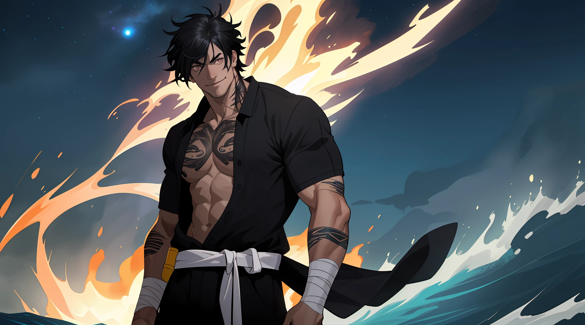 black color hair，Strong body，Handsome face，ssmile，There are scars on the eyes，upper body bare，Lots of scars and tattoos on the body，A bandage is wrapped around the wrist，The strongest man in the world，（Standing in a sea of fire1.3），The night sky is lit up by flames，Super delicate art style，Ultra-high skin texture1.5，upper body bare，，The context is really diverse，Realisticstyle