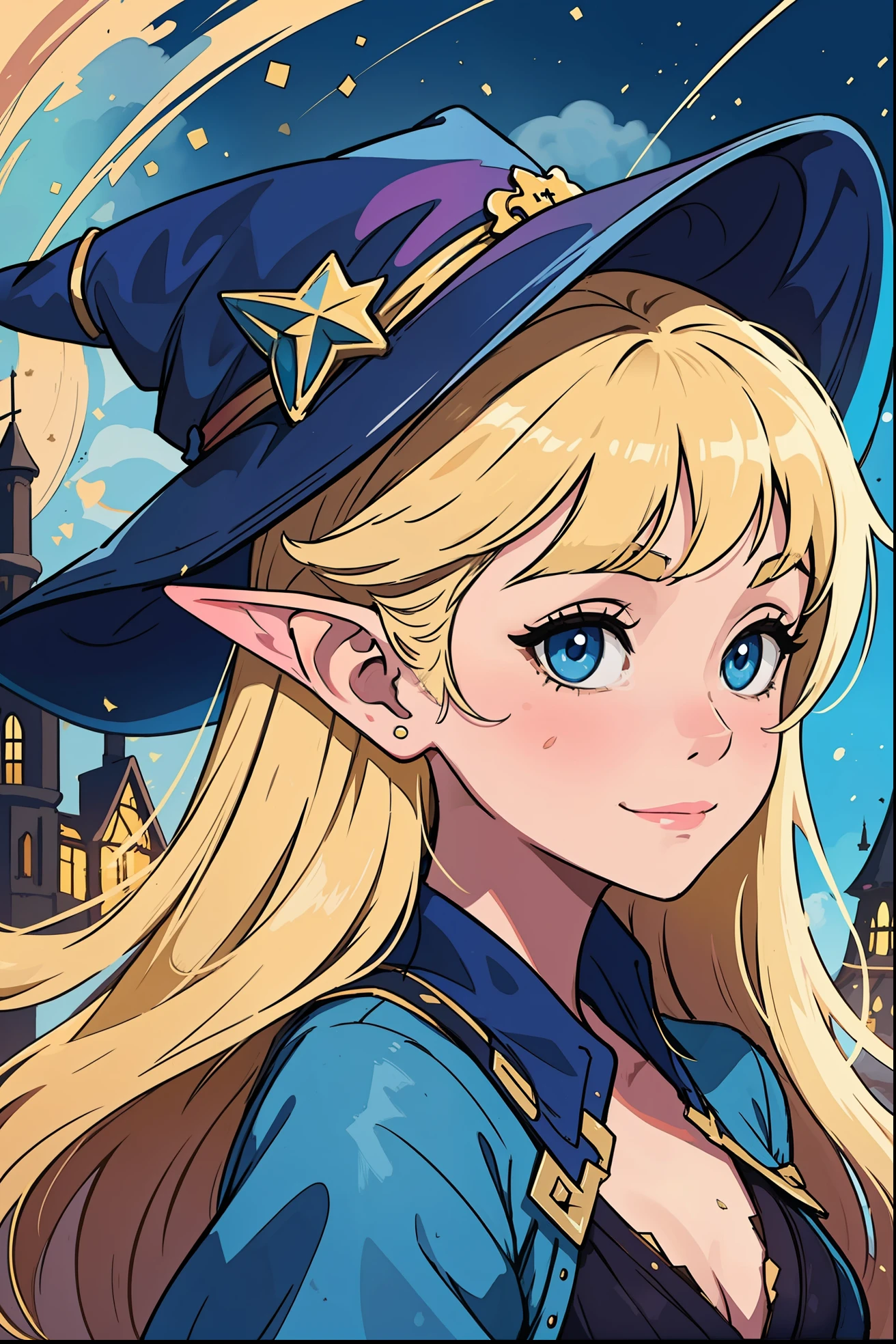 The perfect masterpiece,Highest quality,Perfect artwork,8K,Upper Body Lens,front portrait,Delicate face,Face Close-up,Watching the audience, Wizard apprentice girl,(pointy royal blue witch hat:1.3),(white star print on hat:0.8),Magical transparent eyes,(dirty blonde hair:1.2),(young:1.4),(small breasts:1.4),flat chest,large eyes,happy,warm smile,slender,slim build,thin waist,(💖:1.3),Digital Art,plane illustrations,colorful illustration,minimalist style,anime cartoon style,fantasy city background,elf ears,fantasy academic conservative clothing,