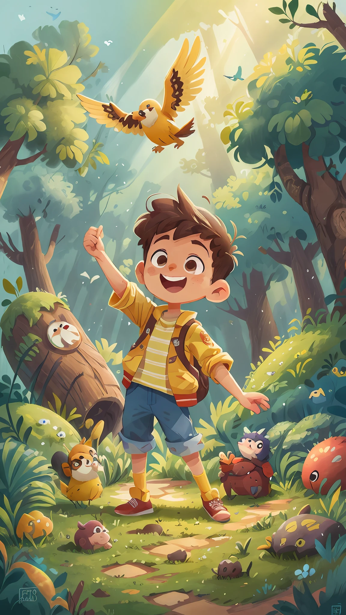 Floresta aberta, (obra-prima desenho de arte, 1 boy aventureiro, happy excitement, destemido encontrando um cavalo encantado alegre ( detailed enhanced animation), roupa aventura. ( obra-prima detalhado), floresta, birds (realista), luz solar, nuvens, campo aberto.