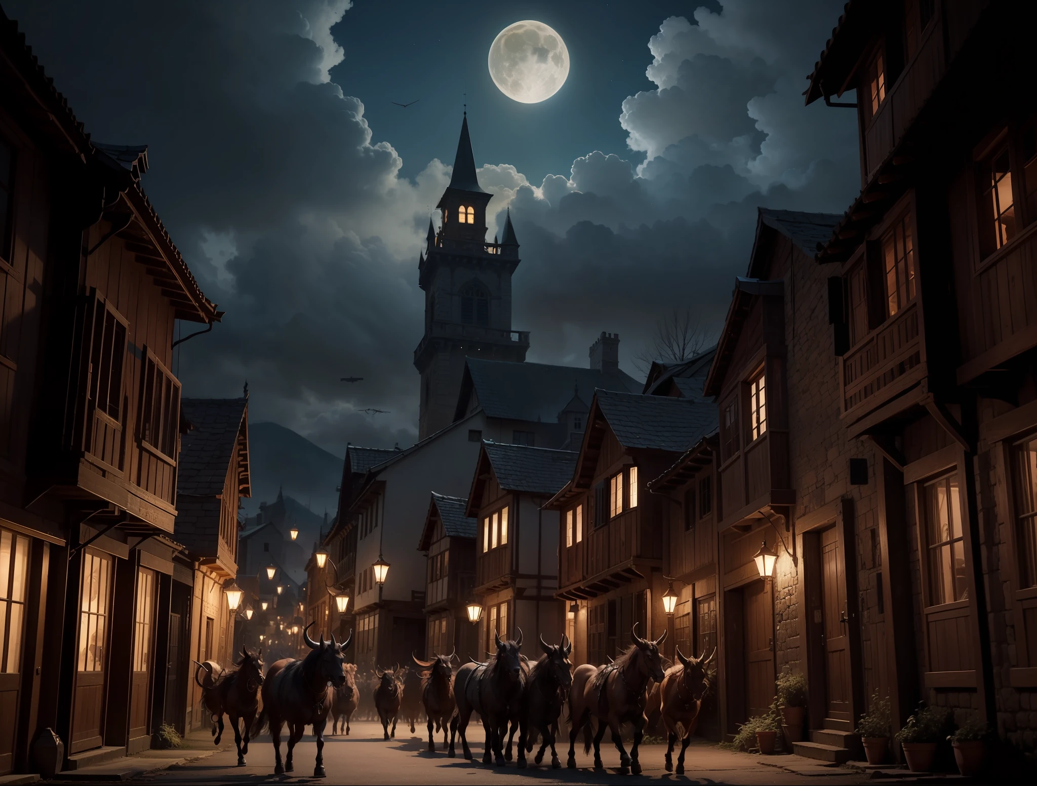 Horde of demons flying over a medieval village, Estilo medieval, Noite escura e sombria, Succubus alada em primeiro plano, in the background many demons, 8k, maximum detailed, alta qualidade, fantasia