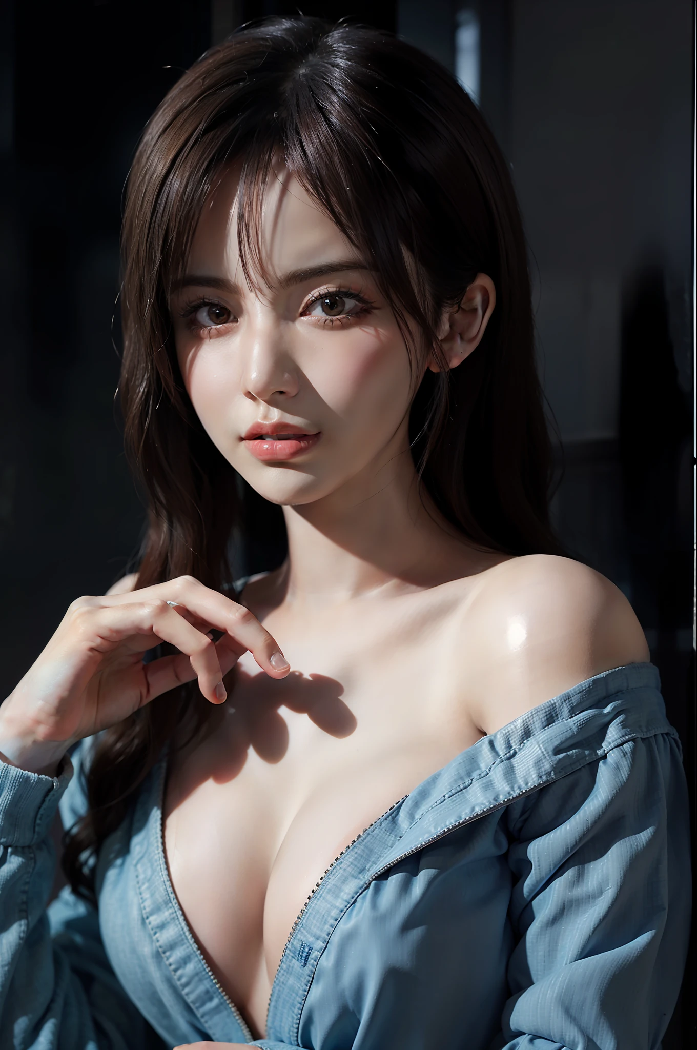 Surreal female portrait,Fantasyart,photographrealistic,动态照明,Delicate face,4k画质,International awards,art stations,A girl is alone in a dark world,A face looming in the dark,Masturbate with both hands,Understated denim photo style,White hair and white tiger elements,Equipped with formal attire(Weight 1.4)。White tiger masturbates,Exposing the clitoral,Ultra-low neck,jk