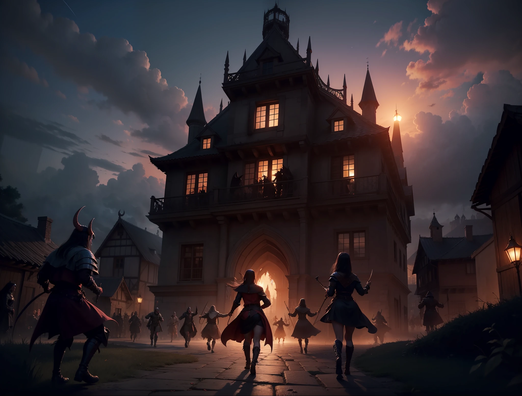 Horde of demons flying over a medieval village, Estilo medieval, Noite escura e sombria, Succubus alada em primeiro plano, in the background many demons, 8k, maximum detailed, alta qualidade, fantasia