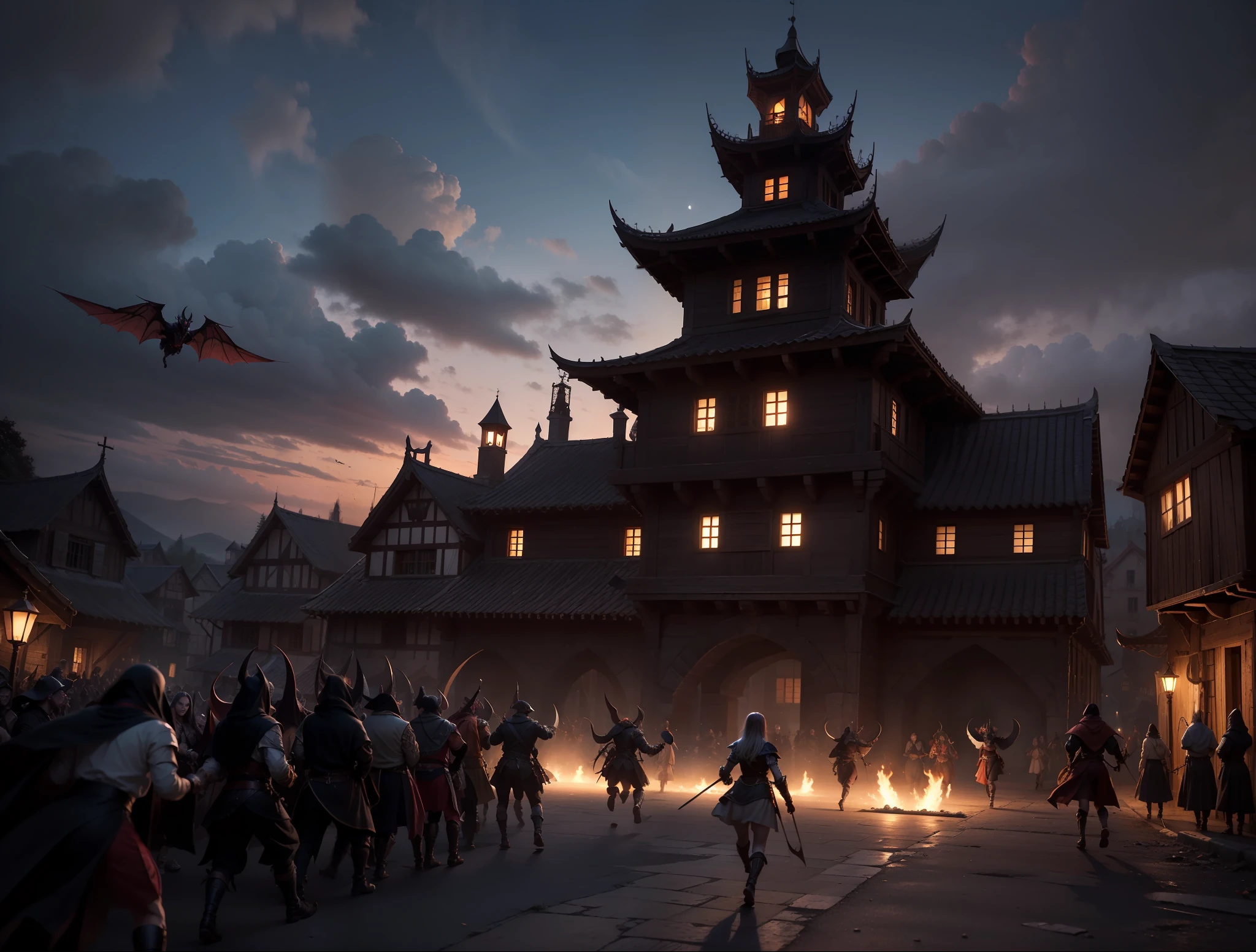 Horde of demons flying over a medieval village, Estilo medieval, Noite escura e sombria, Succubus alada em primeiro plano, in the background many demons, 8k, maximum detailed, alta qualidade, fantasia
