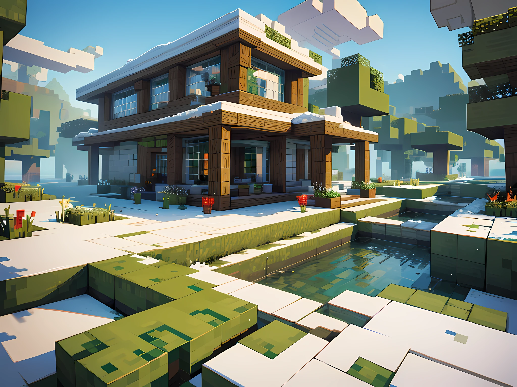 Made of voxels, ((minecraft style)), an epic chaos landscape, snow, dirt, glass, grass, moss, water, wet, depressing, voxels art, 8k, masterpiece