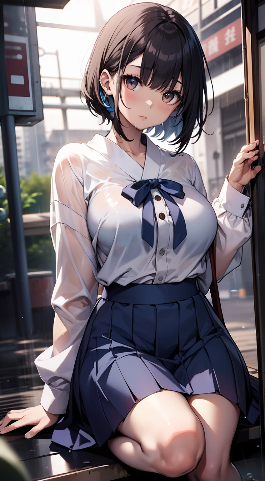 japanaese girl、a 18 year old girl、Pull Shorthair、Blue Inner Color、bangss、Brown-eyed、Perfect figure、Transparency、The sheen、Gloss、modest breasts、校服、Navy blue ribbon、Light blue shirt、Navy blue skirt、Hikaru、Burning Body、Beautiful feet、Strong sunshine、Odious、Rain-drenched body、
