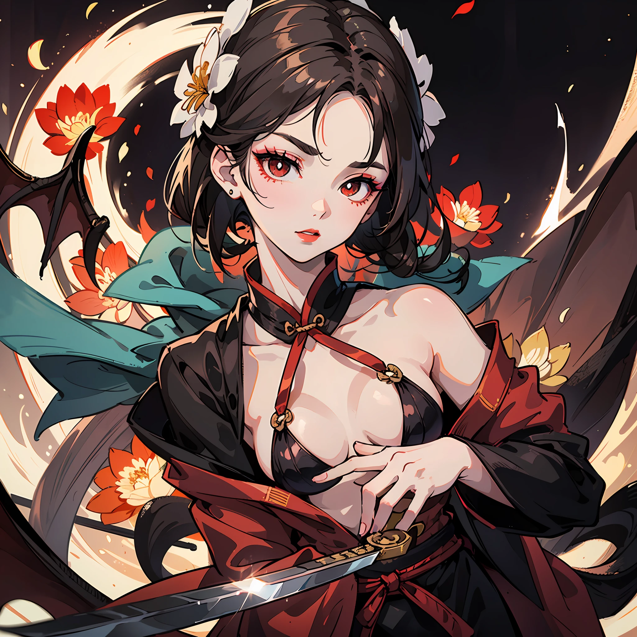 8K,high qulity,onmyoji,Bonding with God,whaite hair,Red pupils,Sword eyebrows,Redlip,Smoky makeup,Holding a Tang knife,flatchest,Robes,Eyebrow lotus,Slash dragons in the universe --auto