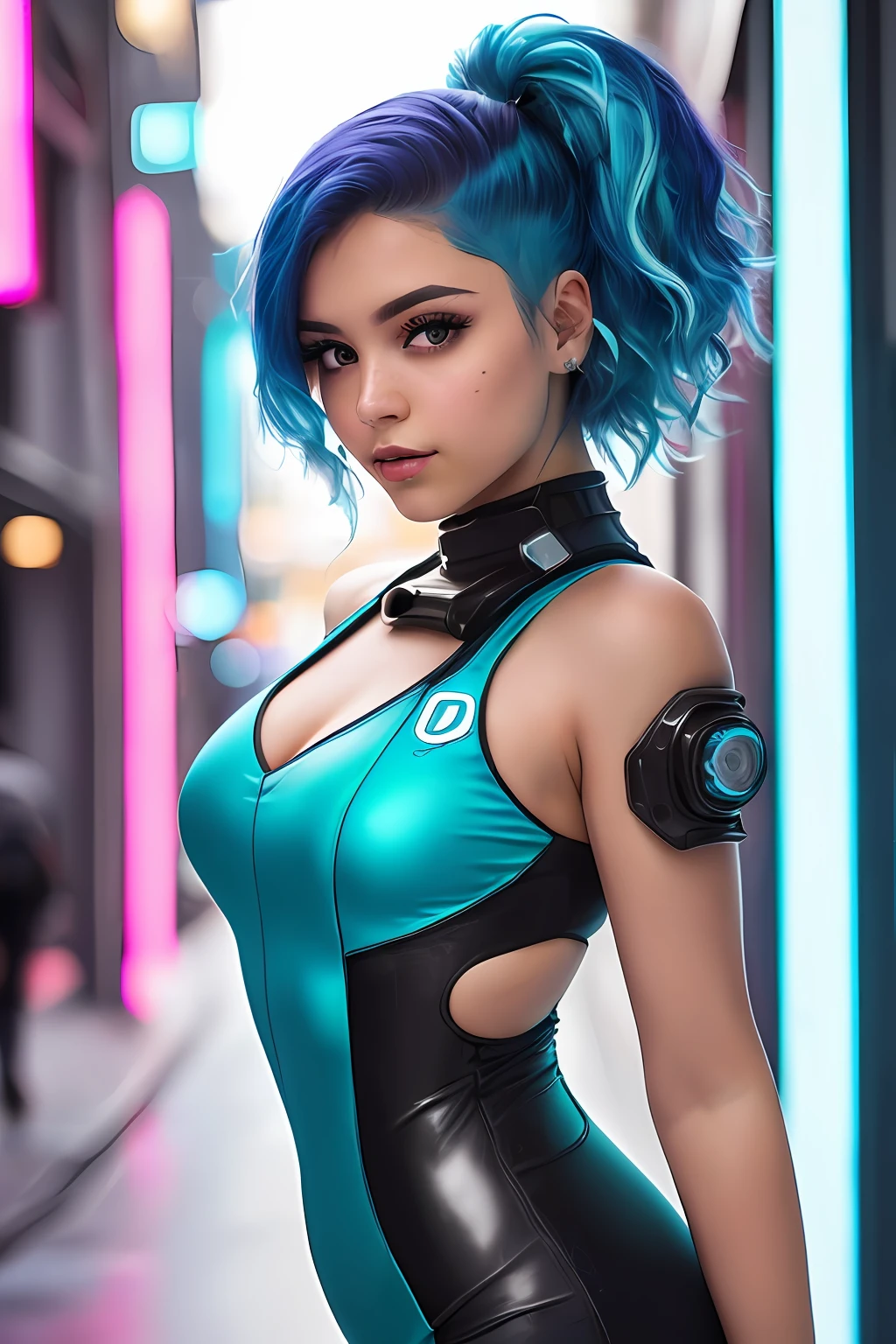 (((18-year-old guatemalan mexican))) woman in a futuristic dress posing for a picture, beautiful girl with blue hair, pretty girl with cyan hair, short violet haired woman, portrait color glamour, with (((cyberpunk))) clothes, metallic cyan bodysuit, beautiful aqua haired girl, profile shot, gorgeous woman, brilliantly colored, glowing hue of teal, perfect face, detailed eyes, detailed pupils