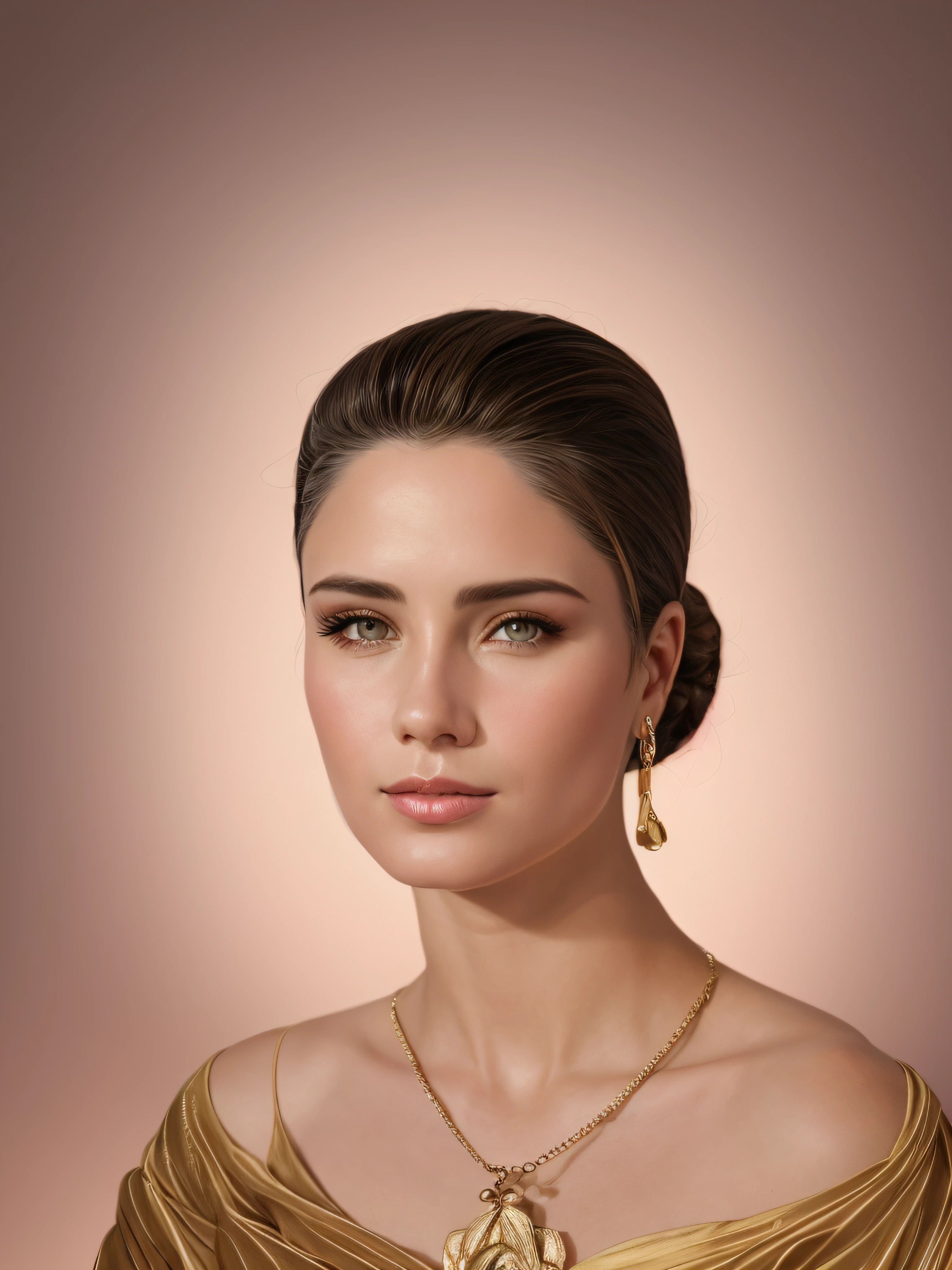 mulher arafed em um vestido rosa com um colar de ouro e brincos, linda, jovem, delicada, arte digital de um elegante, fundo tom verde claro, rosto bonito, rosto bonito fotorrealista, mulher da beleza com rostos detalhados, retrato de arte digital, rosto bonito realista, digital illustration portrait, retrato de beleza estilizado, Retrato 3D, rosto bonito hiperrealista, belo rosto realista, retrato digital