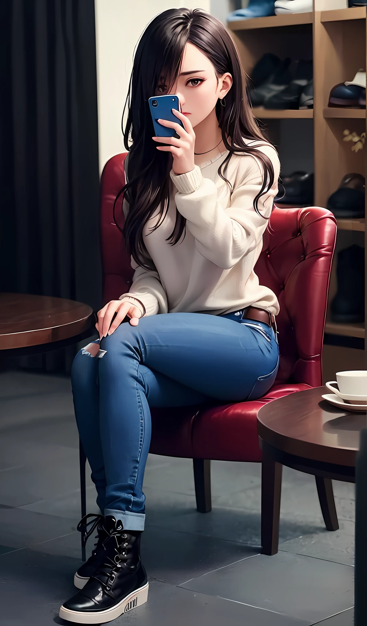 woman sitting on a chair holding a cell phone in a store, jeans and boots, ( ( ( Wearing jeans ) ) ), very cozy], baggy jeans, jeans and black boots, Jeans, siting on chair, 😭 🤮 💕 🎀, siting on chair, sitting down casually, ulzzangs, siting on chair, siting on chair