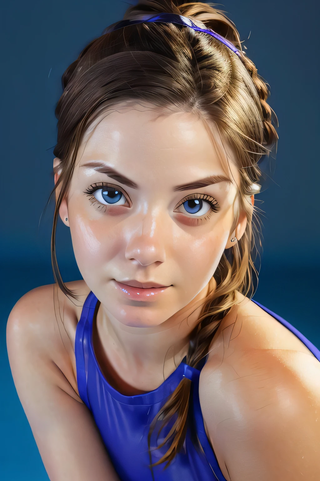 portrait, head shot, modelshoot style, looking at viewer, eye contact, anitac, 1woman, pony tail, sweat headband, brunette hair, blue eyes, parted lips, medium breasts, sweaty, yoga clothes, tights, blurred background, detailed eyes, skin-detail, shiny skin, ultra-realistic, warm volumetric lighting, masterpiece, best quality