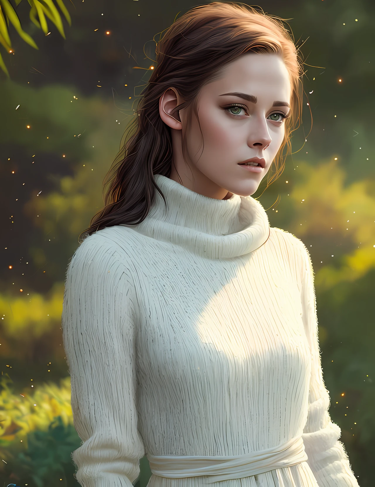 photo of extremely sexy (kr1st3nst:0.99), Kristen Stewart, a woman as a sexy movie star, (((closeup portrait:1.2))), modelshoot style, (extremely detailed CG unity 8k wallpaper), photo of the most beautiful artwork in the world, professional majestic oil painting by Ed Blinkey, Atey Ghailan, Studio Ghibli, by Jeremy Mann, Greg Manchess, Antonio Moro, trending on ArtStation, trending on CGSociety, Intricate, High Detail, Sharp focus, dramatic, photorealistic painting art by midjourney and greg rutkowski, (tight long turtleneck dress:1.2), ((in a lush garden)), (high fantasy), (looking at viewer:1.2), (detailed pupils:1.3), (magic sparks:1.1), (fireflies:1.1)