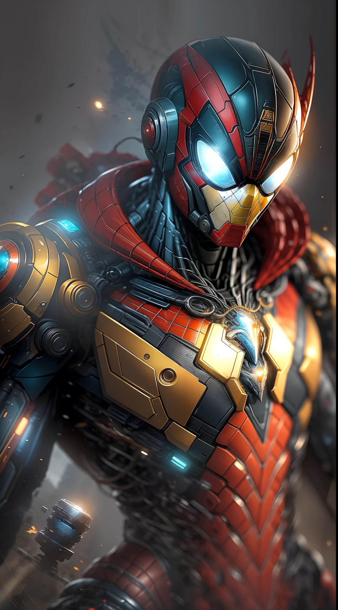 Dois Homem-Aranha de Ouro e outro de prata da fotografia da Marvel, Biomechanicals, complex robot, crescimento completo, hiper-realista, pequenos detalhes insanos, linhas extremamente limpas, aesthetic cyberpunk, obra-prima apresentada no Zbrush Central